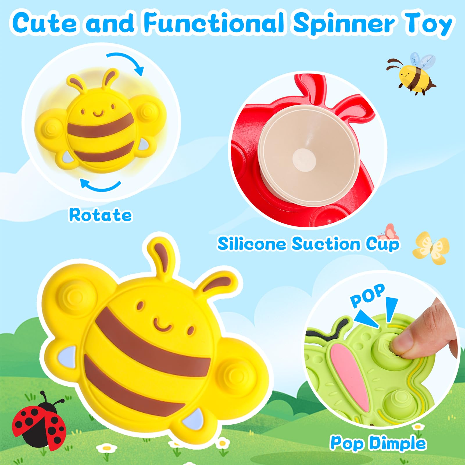 Fajiabao Juguete Montessori 2 En 1 Para Bebés De 1 Año | Spinner Con Ventosa Y Cuerda Para Jugar En La Bañera + 3 Animalitos De Textura | Regalo Sensorial Y Mordedor Para Niños De 6 A 12 Meses