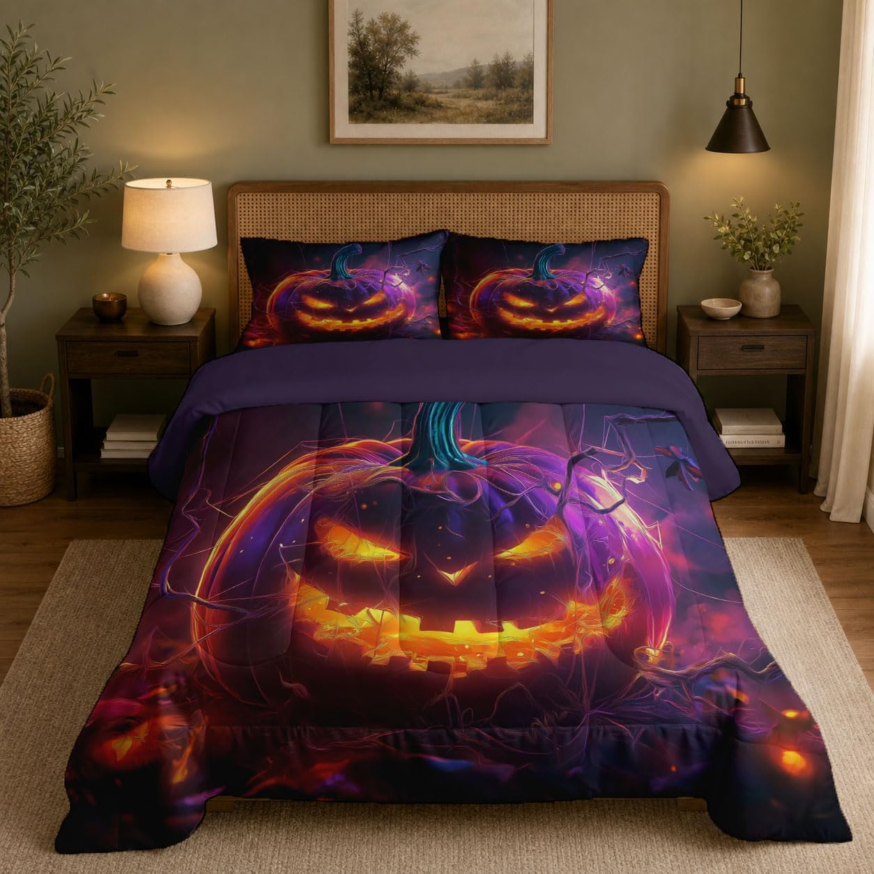 Surreal Horror Style Quilt Queen Size Flame Orange Quilt Bedding Set | 3 Pieces Soft Lightweight Microfiber Magic Pumpkin Head Bedspread Coverlet Set for All Season, 90"X90"