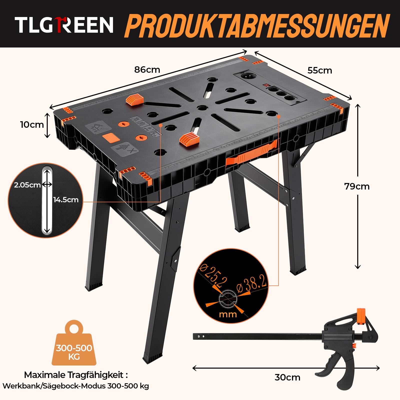 TLGREEN Klappbare Werkbank mit Integrierter Steckdose, Tragbare Werktisch | Sägebock Arbeitstisch inkl. 2 pcs Einhandzwinge, für Werkstatt, Garage, Baustelle & DIY, bis 300-500kg, 86 x 55 × 79cm