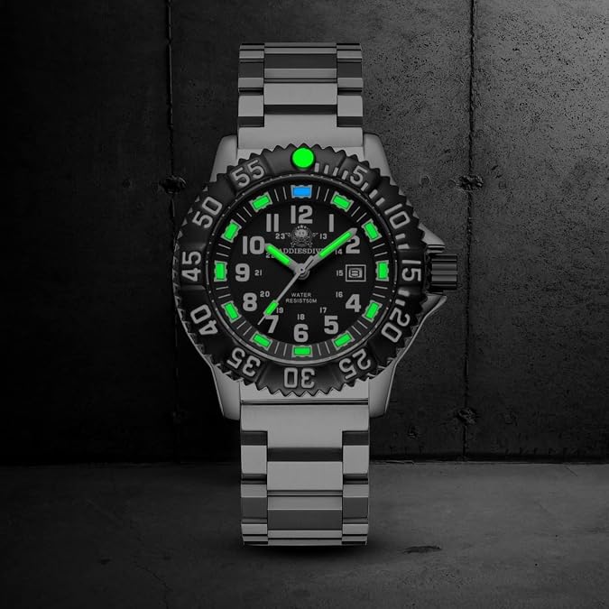 ADDIESDIVE Watch for Men Alloy Case Mineral Analog Quartz Rotatable Bezel Luminous Military Mens Watches with Stainless Steel Bracelet/Olive/Khaki Nylon Band