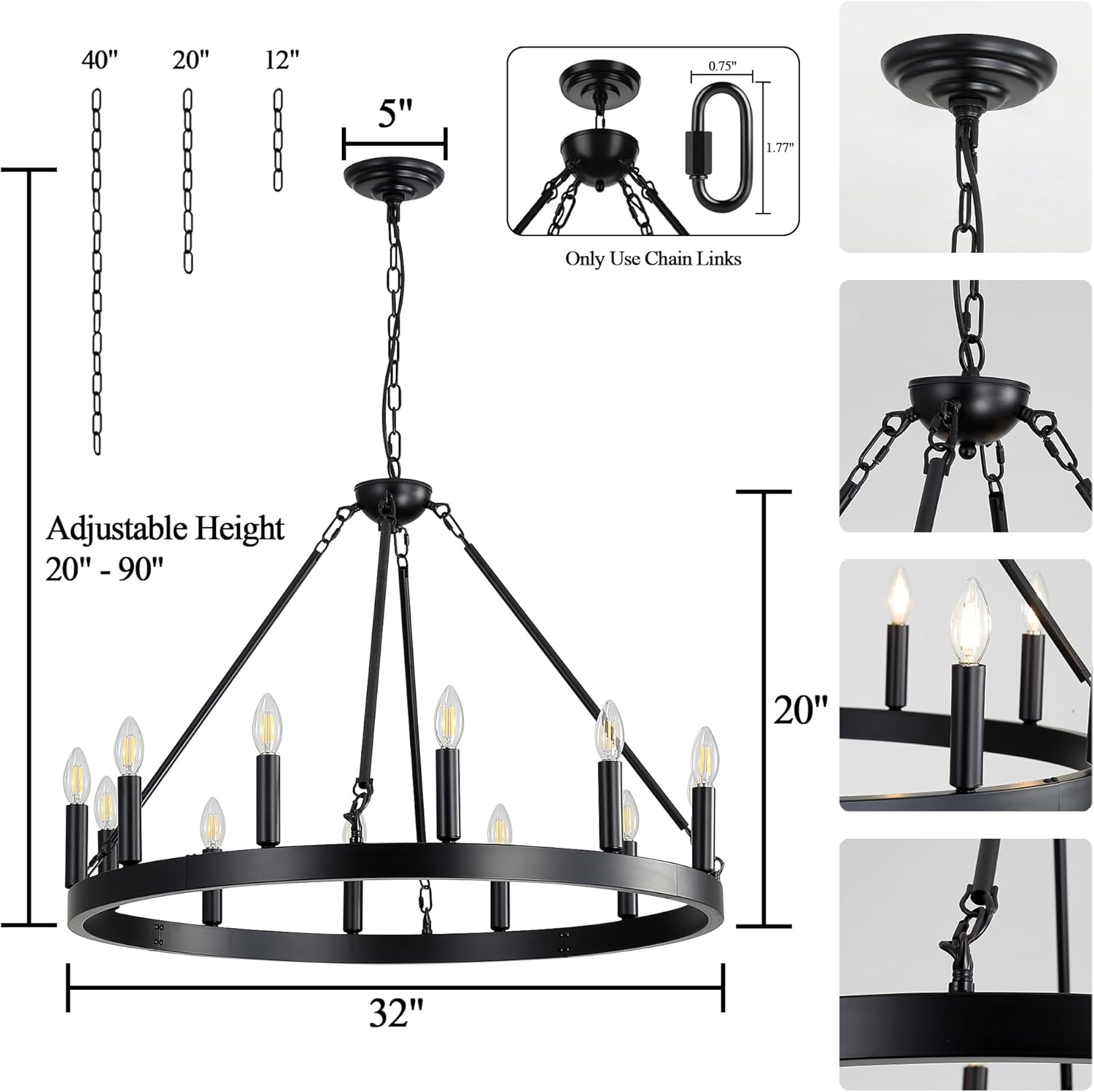 Black Wagon Wheel Chandelier, 12-Lights 32 Inch Farmhouse Pendant Light Fixture, Round Rustic Hanging Lighting for Dining Room Kitchen Island Foyer Entryway