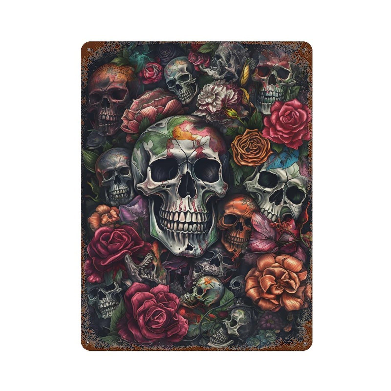 Skull And Roses Skull Rose Rust Effect Tin Sign 15.7"x11.8", Ideal for Shed, Workshop And Garage Wall Decor