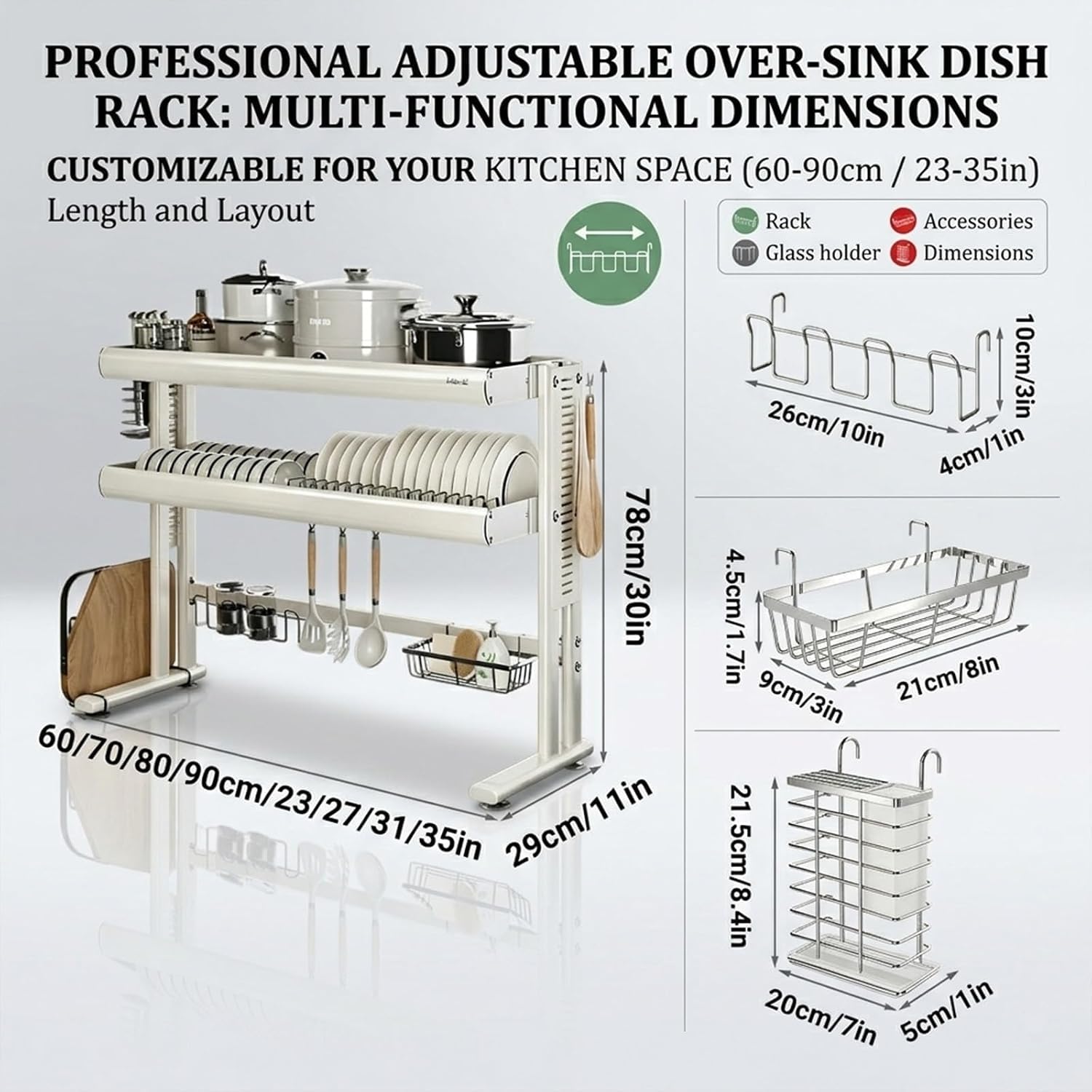 Escurridor de Platos de 2 Niveles para Colocar sobre el Fregadero con diseño extraíble, Acero Inoxidable 304, Bandeja recogegotas, Soporte para Platos y Tazas, 23/27/31/35 Pulgadas (27in/70cm)