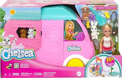 Miniatura 7 de Barbie Camper, Chelsea - Juego 2 en 1 con muñeca pequeña, 2 mascotas y 15 accesorios, el vehículo se transforma en campamento (exclusivo de Amazon)