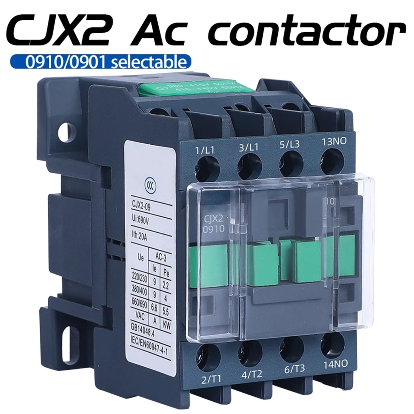 CJX2 0901-0910 Contactor eléctrico industrial de CA, conductor fuerte 24 V 36 V 48 V 110 V 220 V 380 V bobina de cobre puro 1 pieza(CJX2-0901,110V)