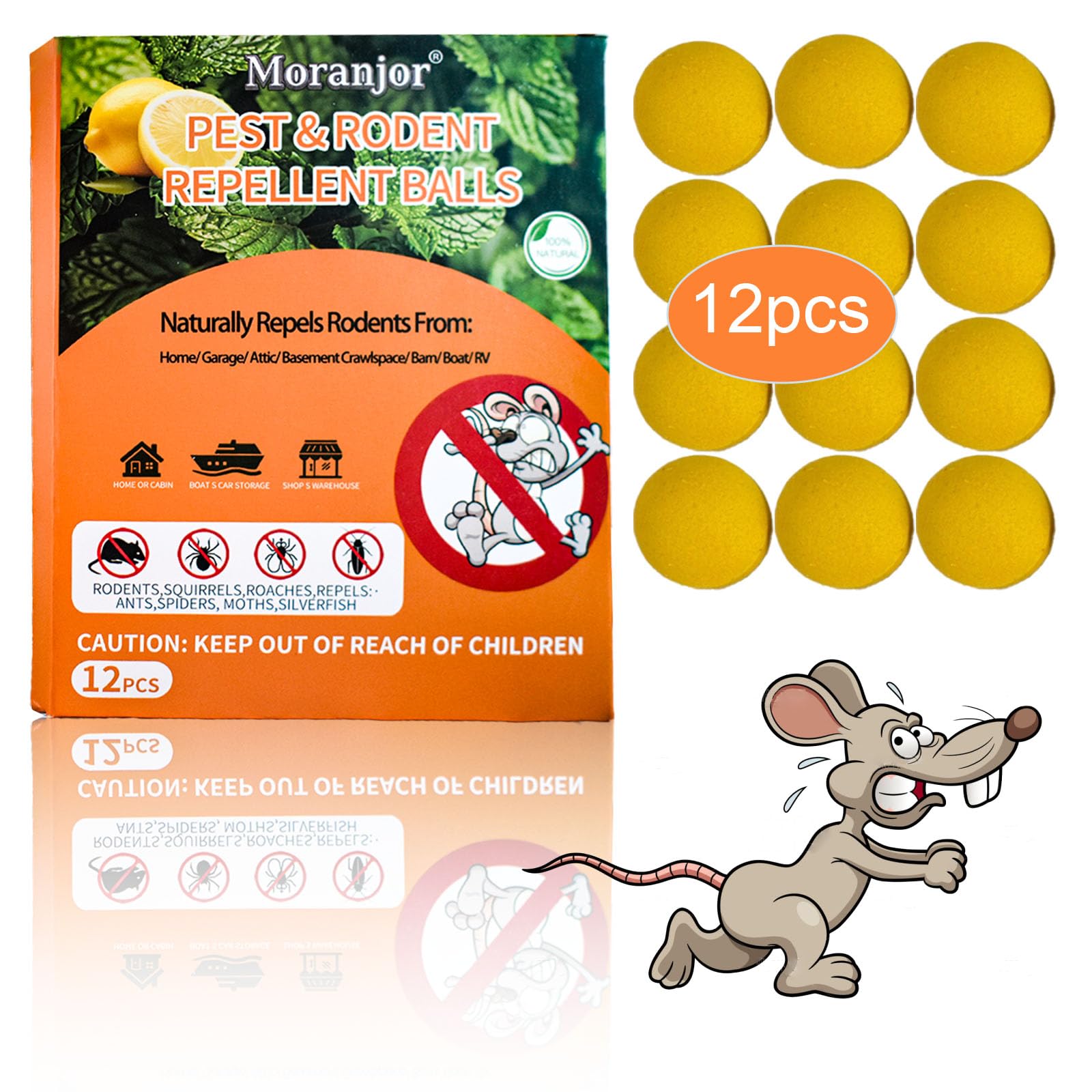 Moranjor Natural Rodent Deterrent Balls, Rat Deterrent Indoor, Long-Lasting Mice Deterrent, Pest Repellent,Pest Control Balls for House, Kitchen, Warehouse, Garden, Car, RV & Boat - 12Pcs