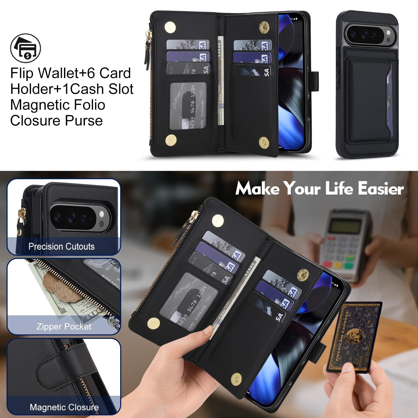 Generic Funda compatible con Google Pixel 9 Pro XL (color: albaricoque) funda de piel extraíble con correa para el hombro