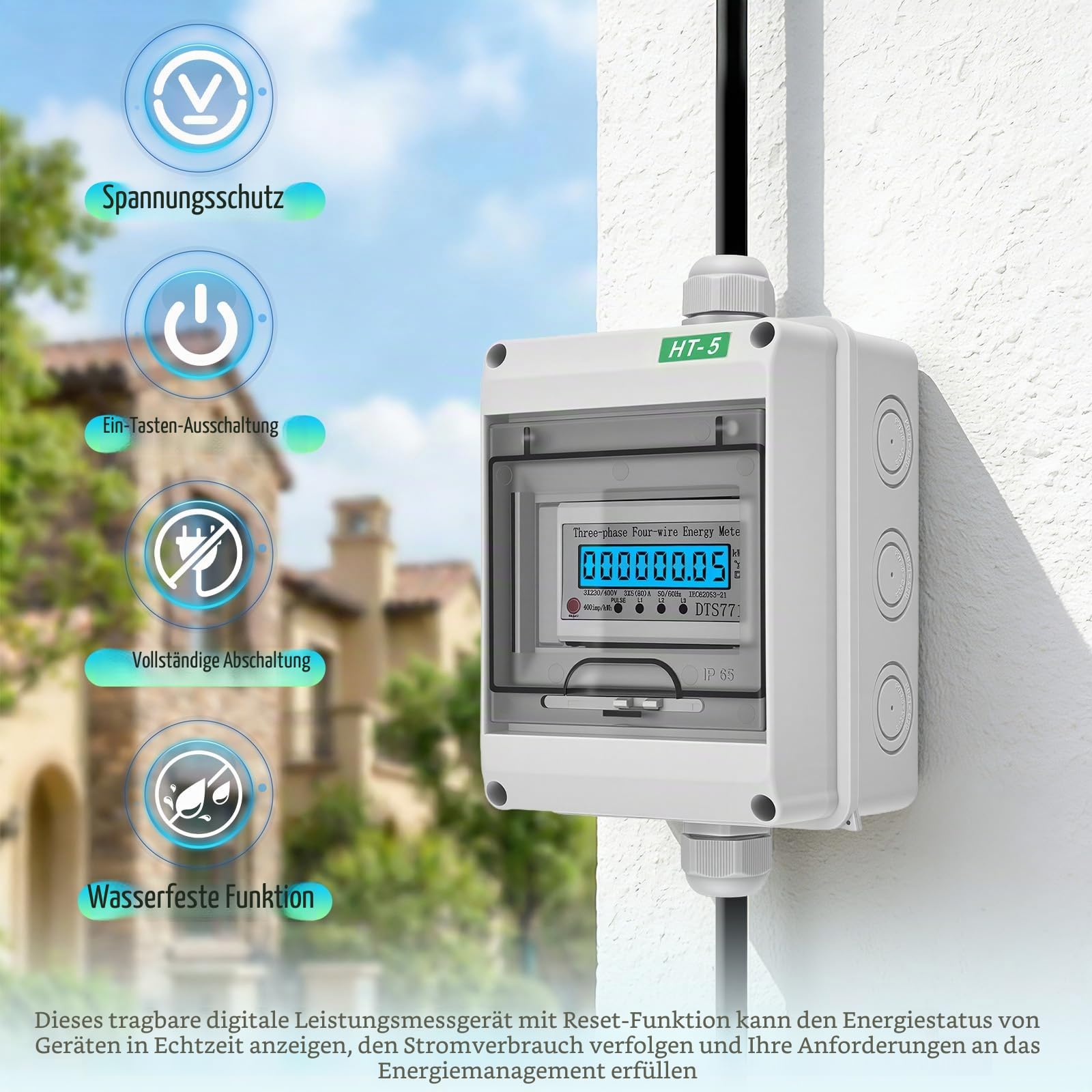 3 Phasen Mobiler Stromzähler, 16A 400V Mobiler Digitaler Stromzähler Drehstromzähler, 5 * 2,5mm² Digitalzähler mit CEE Stecker, Portabler Stromzähler für Baustelle, Camping, Marina, Balkonkraftwerk