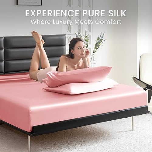 Miniatura 8 de THXSILK Juego de sábanas de seda de 4 piezas, juego de sábanas de tamaño matrimonial, 22 sábanas de seda Momme 7A+, sábanas suaves y transpirables