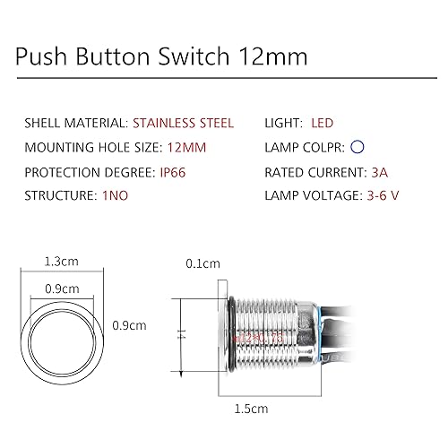 Miniatura 6 de YACSEJAO Interruptor de chasis de 0.472in, botón de metal para anfitrión de computadora, cable de interruptor de metal azul LED botón de encendido