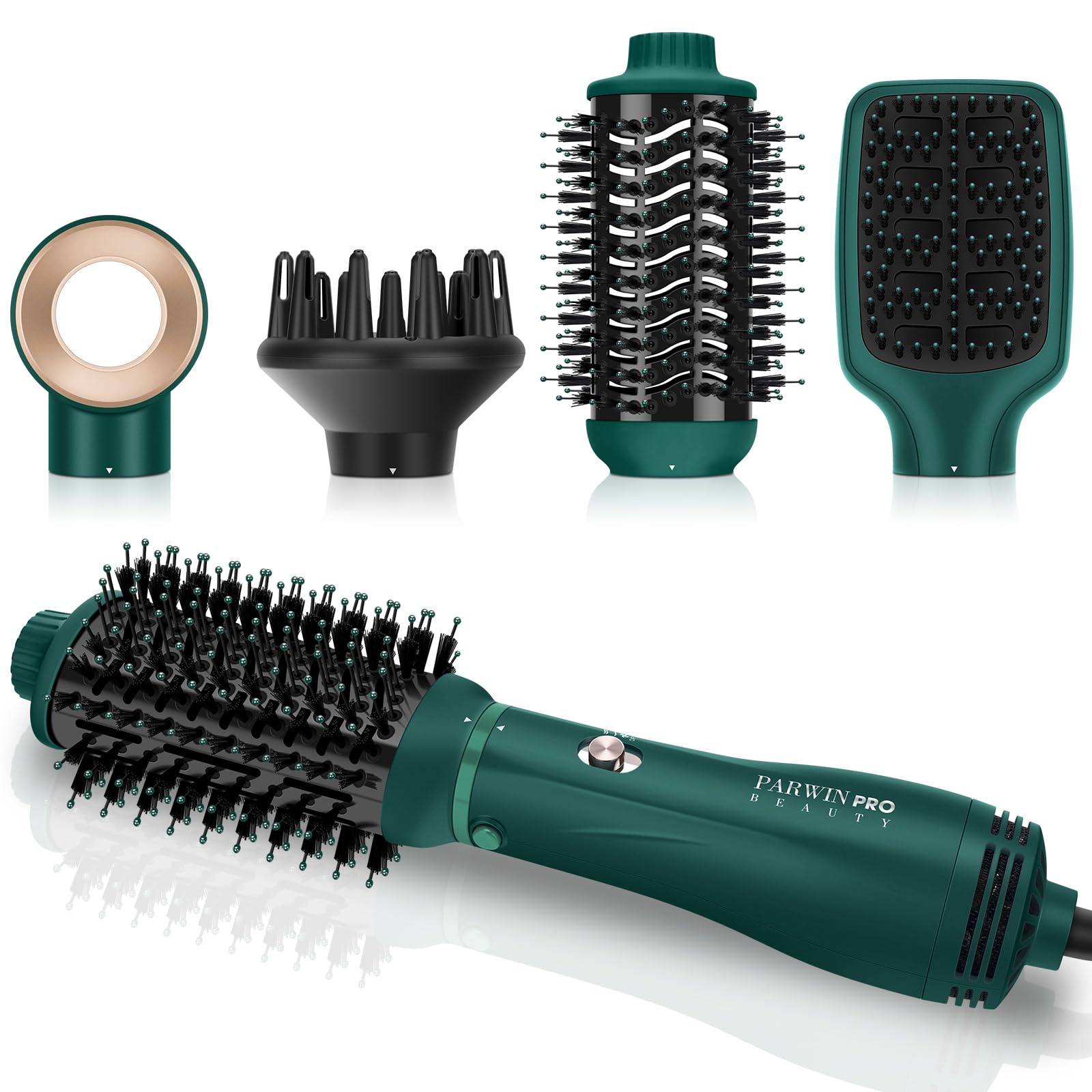 4 IN 1 Haartrockner Warmluftbürste Set, PARWIN PRO BEAUTY Styler-Set | Föhnbürste Lockenbürste mit 4 Aufsätze zum Trocknen, Glätten, Volumen und Stylen, Ionen Pflege, Grün