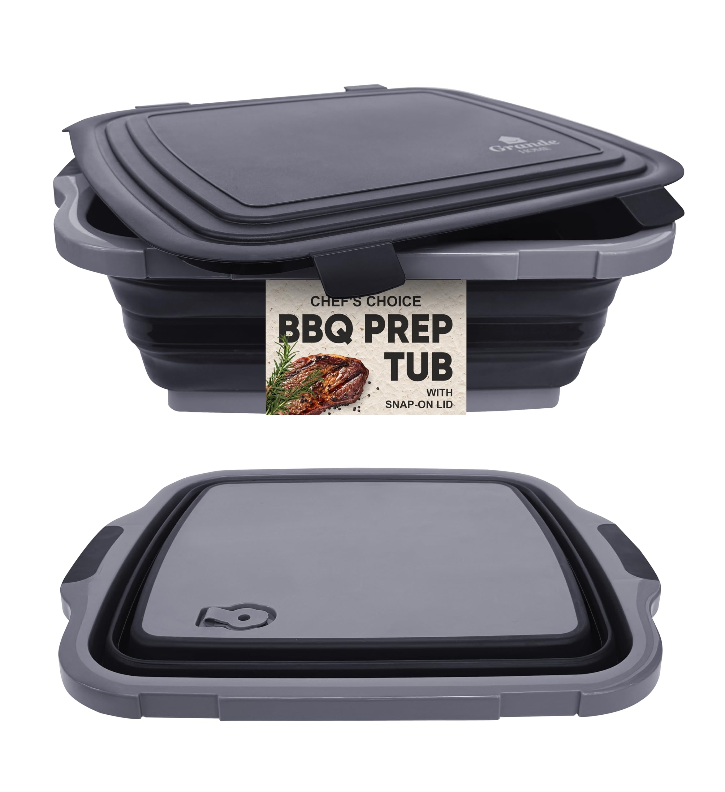 BBQ Prep Tub Collapsible X-Large with Cutting Board, Locking Lid – Meal Prep Food Prep Containers with Lids for Resting Meat –3 Adjustable Height - Ideal for Camping, Picnic, Dish Basin