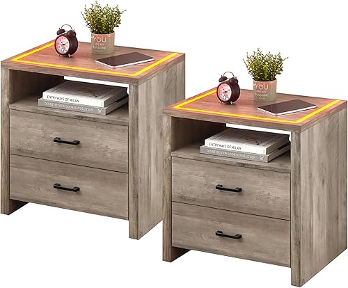 Miniatura 19 de GAOMON Mesita de noche blanca con luces LED, moderna mesita de noche con 2 cajones de almacenamiento y almacenamiento abierto, mesa auxiliar para