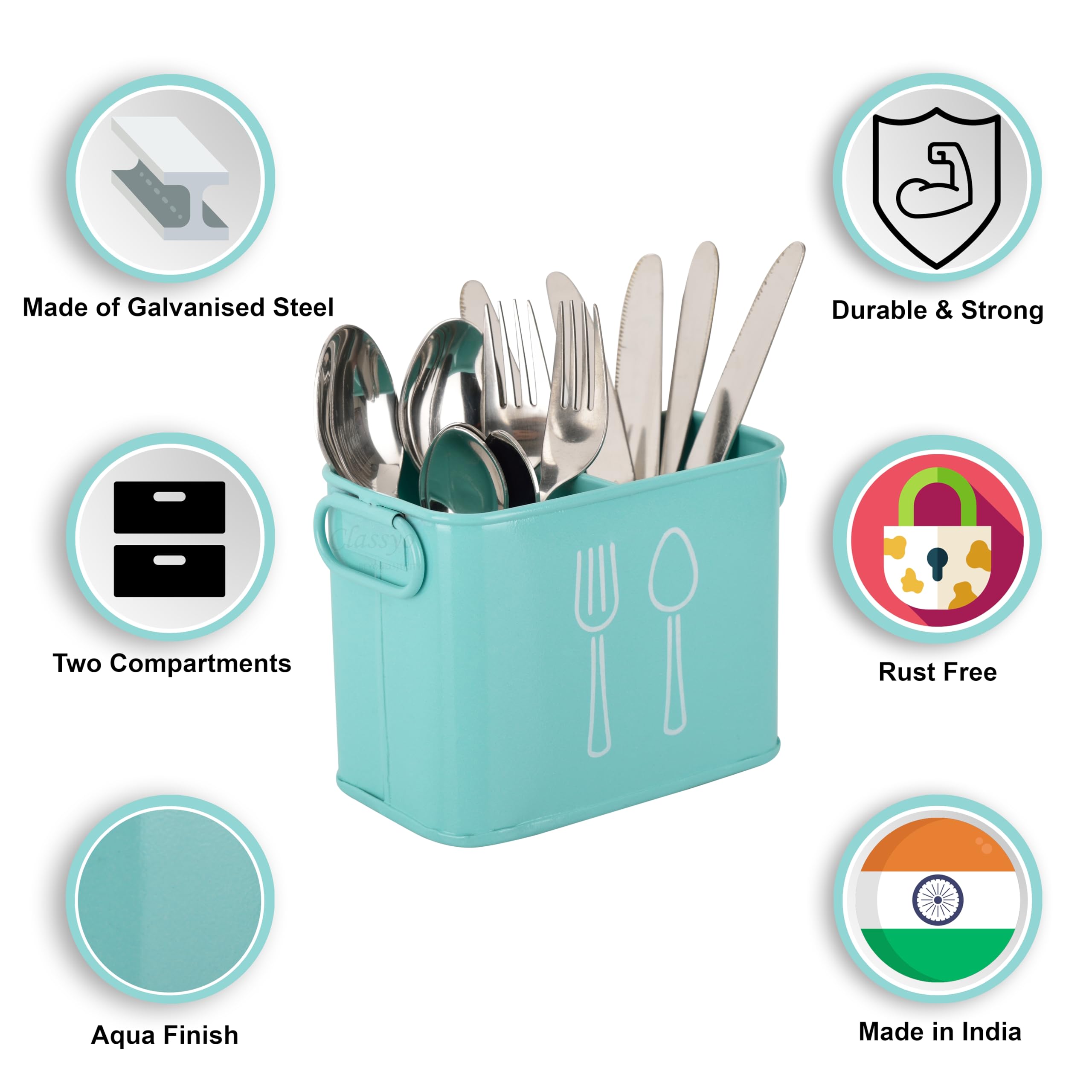 Classyo Cutlery Holder & Spoon Stand For Kitchen & Dining Table - Aqua Steel Caddy, 4 Pieces, Glossy Finish 1