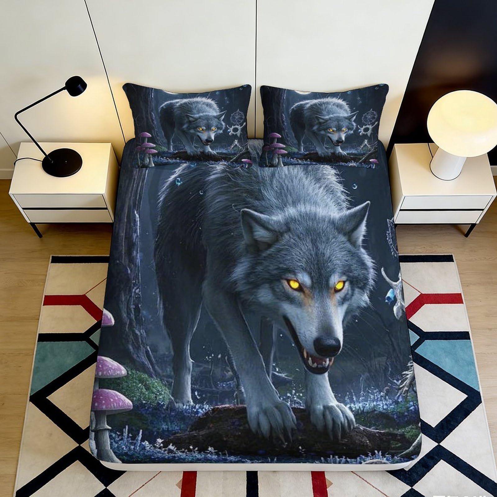3D Printed Wolf Pattern Fitted Sheet Microfiber Durable Soft 3D Printed Forest Night Mattress Cover for Bedroom Dorm Dormitory Guest Room Decoration 180x200x25cm
