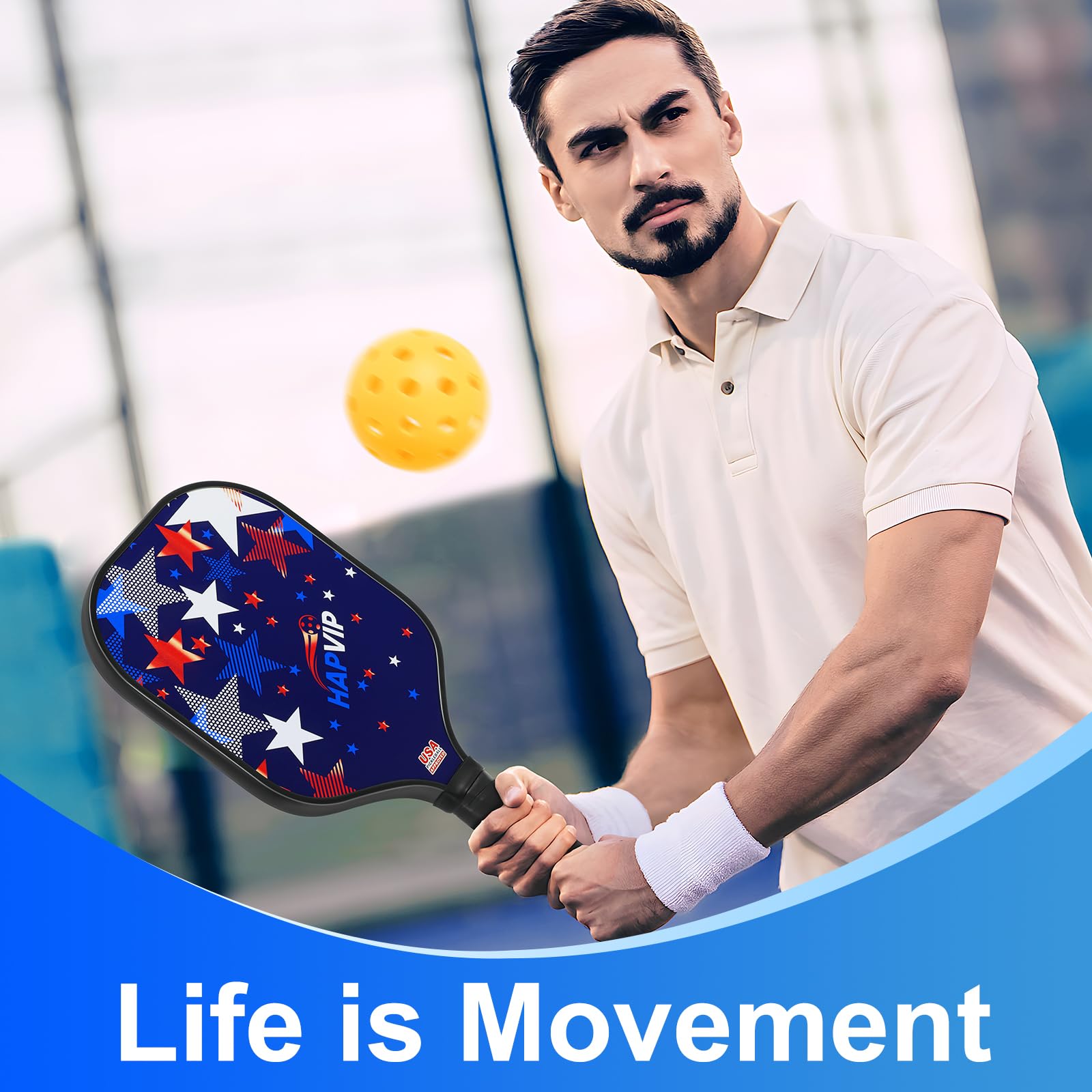 HAPVIP Pickleball Paddles Set of 2?Fiberglass Surface Pickleball Racket with Honeycomb Core, Set Includes 2 Pickleball Rackets?4 Balls ?1 Bag, for Men Women Beginners (Stars)