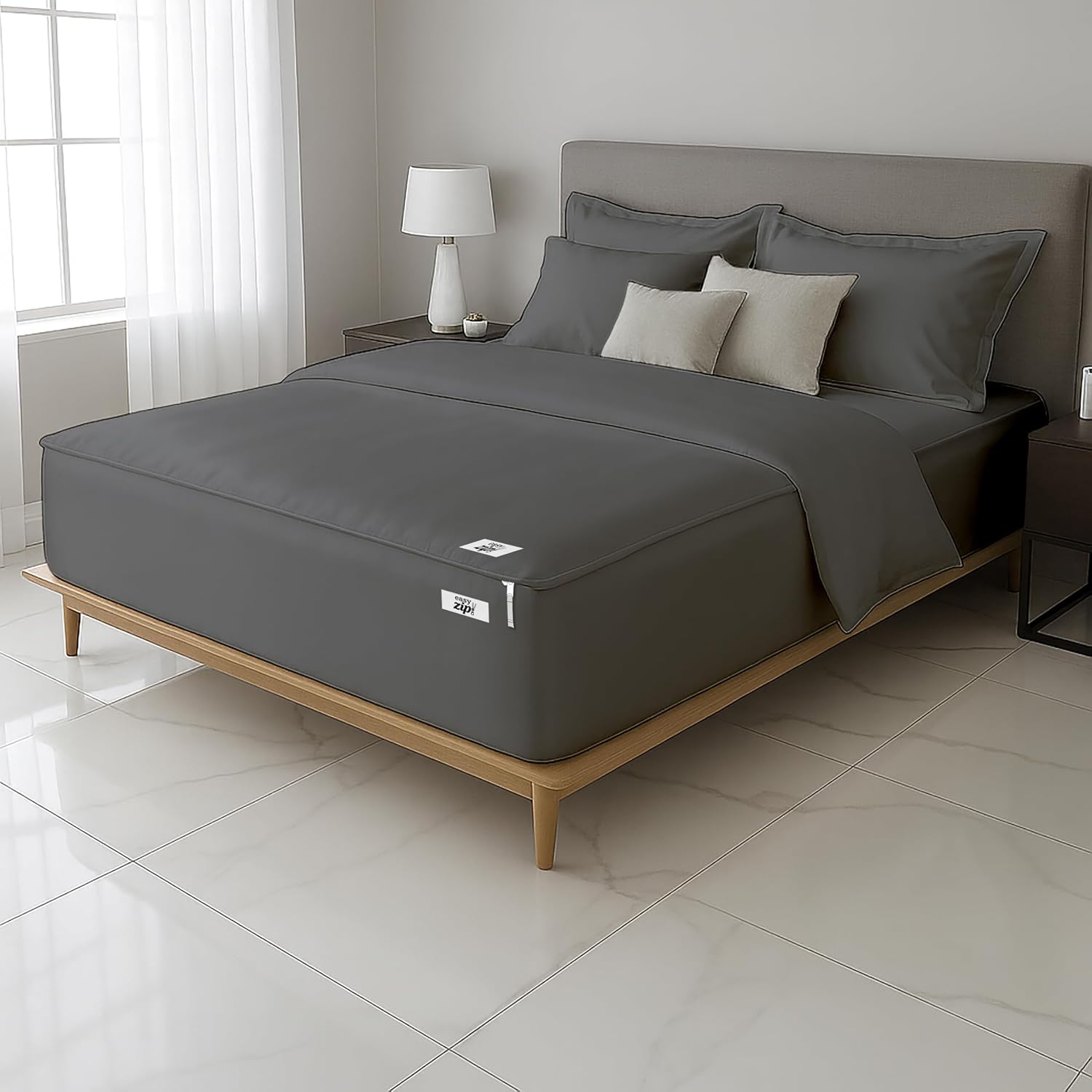 Zipper Fitted Sheets RV Queen Zip On Sheets 60x75 Inch, Zip Sheets - Easy Change 1 Base + 2 Zip Sheet | 500TC Cotton Blend Satin Finish - 6" Deep Pockets | Won't Pop Off - Charcoal Gray