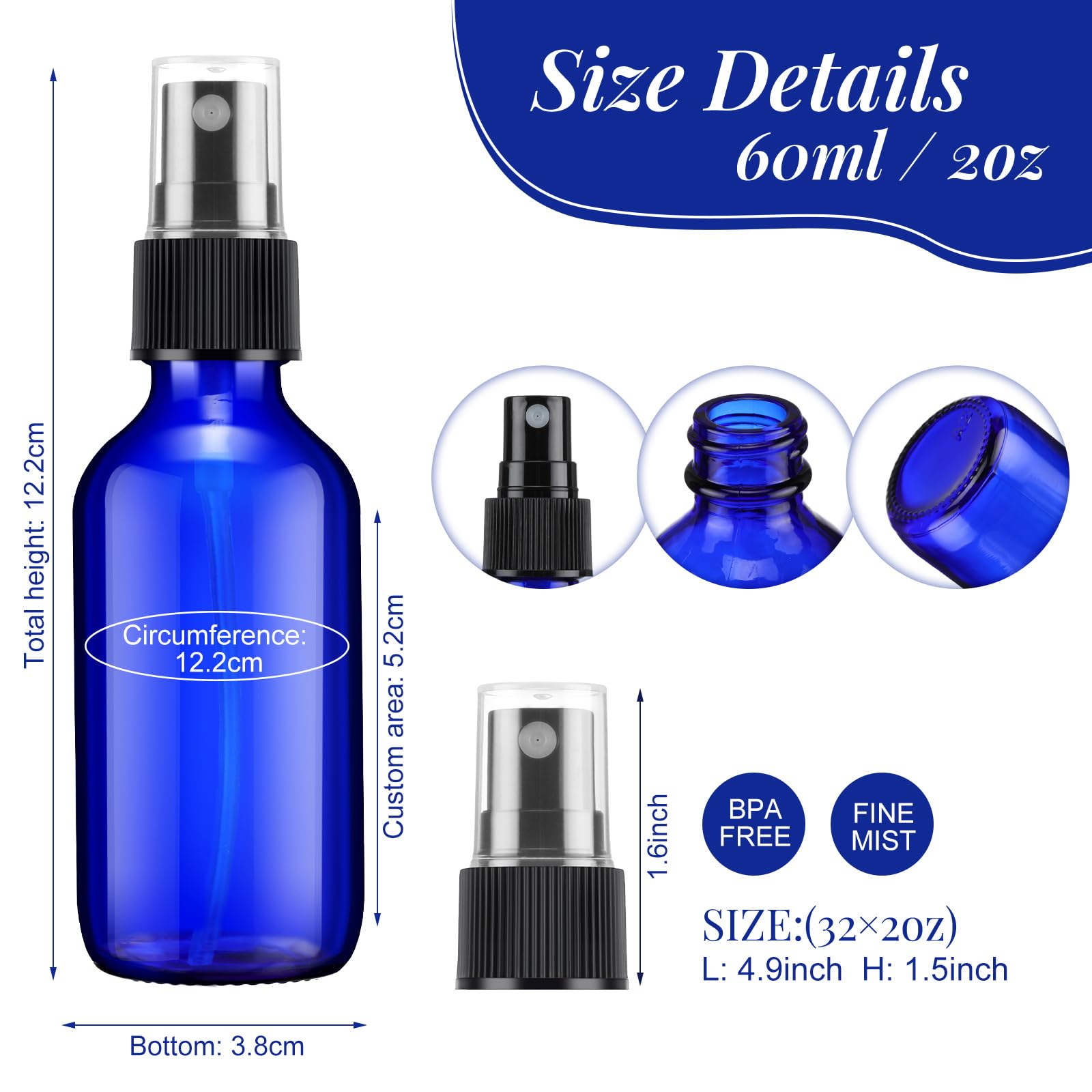32 flaconi spray in vetro da 56,7 ml, piccoli flaconi spray da viaggio, nebulizzatori fini per oli essenziali, acqua, blu