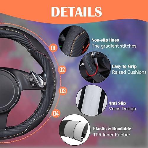 Miniatura 5 de Car Pass - Funda de cuero con colorido ribete y de ajuste universal para volante de 14.5 a 15 pulgadas, ajuste perfecto para SUV, camionetas,