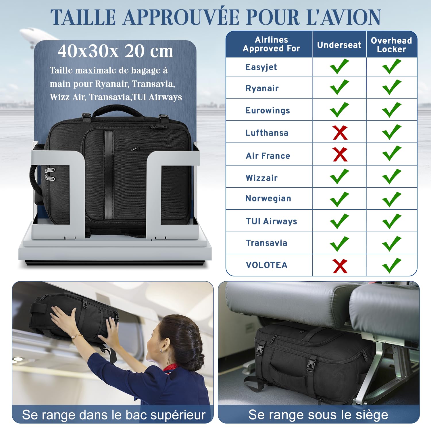 VSNOON Bagage Cabine 40x30x20, 24L Sac a Dos Voyage Cabine Avion à Main avec Poche Humides, Sac à Dos Ordinateur 15 Pouces pour Ryanair, Wizz Air, Transavia, Étanche Bagage pour Homme Femme, Noir
