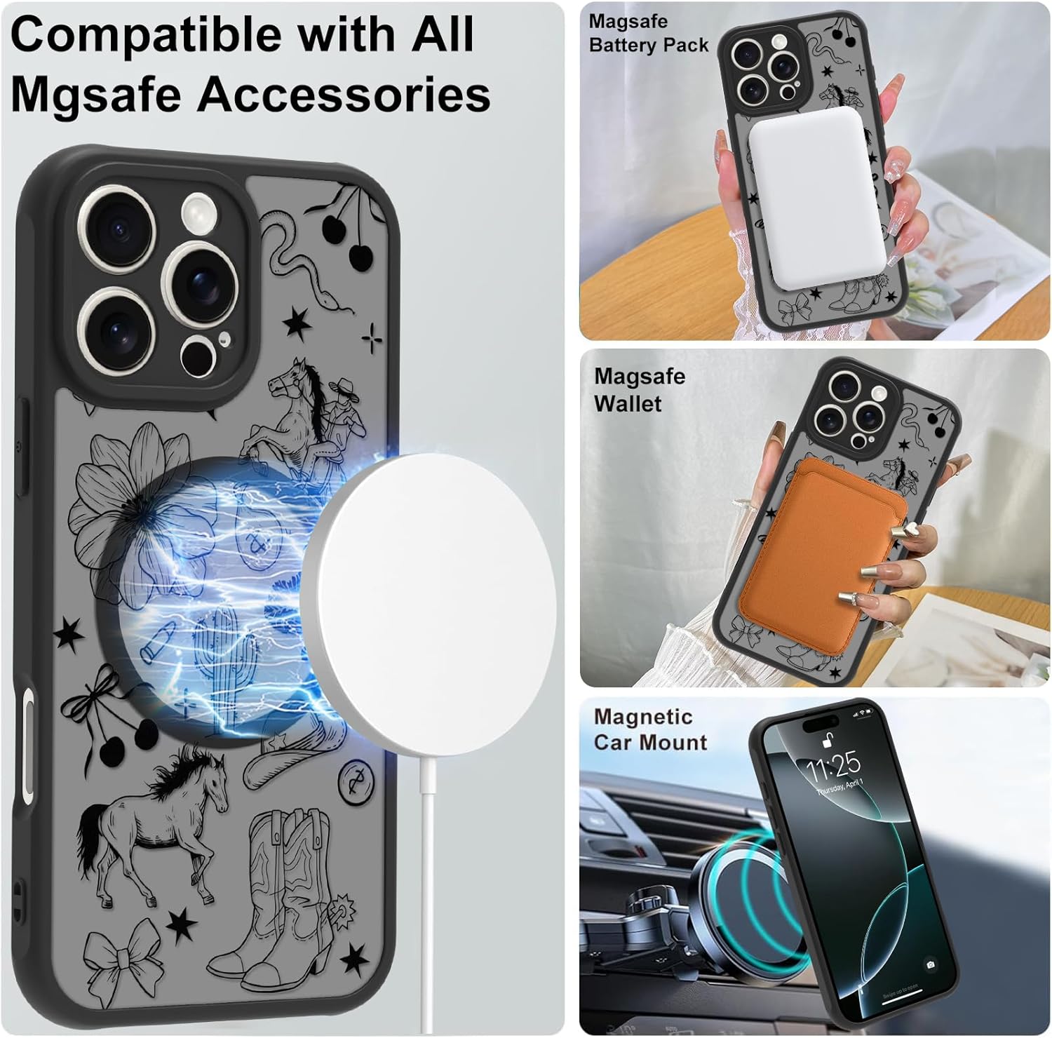 MOWIME Magnetic for iPhone 16 Pro Max case [Compatible with MagSafe] Cute Western Cowboy Floral Translucent Matte Hard Back Shockproof Anti-Scratch Phone Case-Black - Image 4