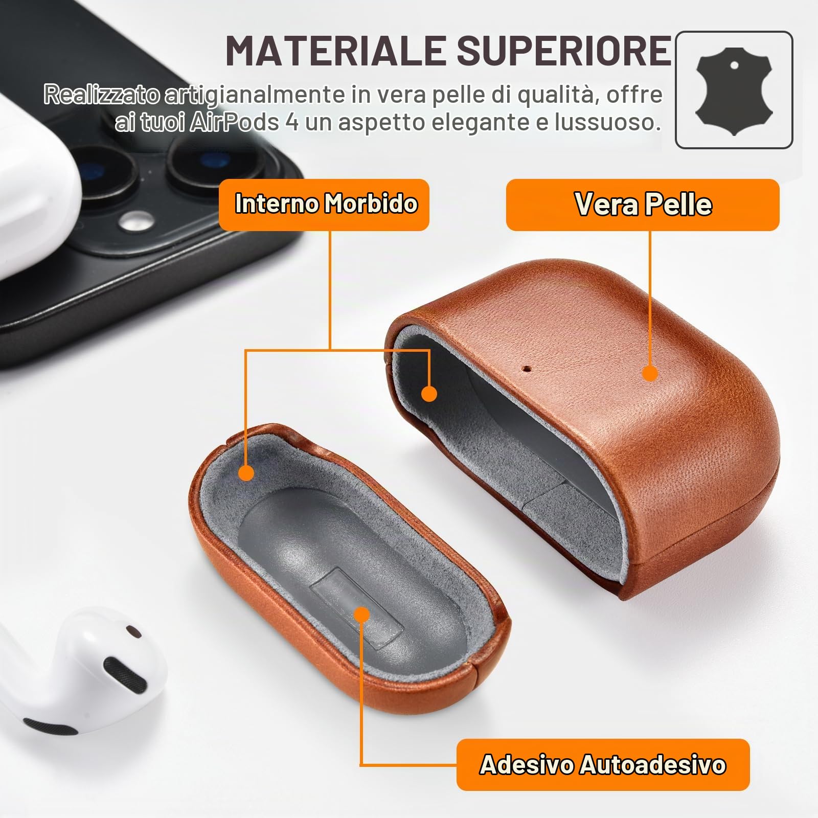 NOMAD Custodia In Vera Pelle Per AirPods 4 – Protezione In Policarbonato E Bumper In TPE, Compatibile Con Ricarica Wireless (English Tan)