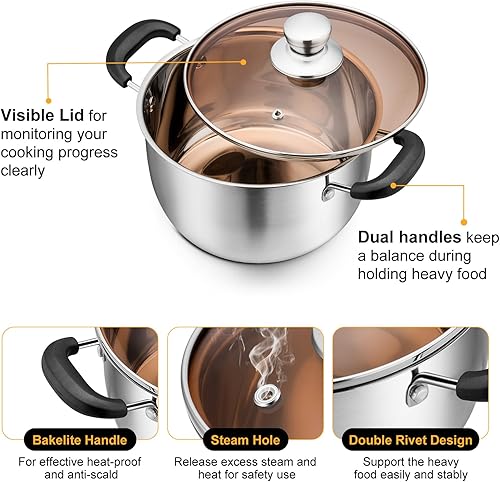 Miniatura 3 de P&P CHEF Olla con tapa, olla de cocina de acero inoxidable para sopa, asas dobles a prueba de calor con tapa visible, apta para lavavajillas y