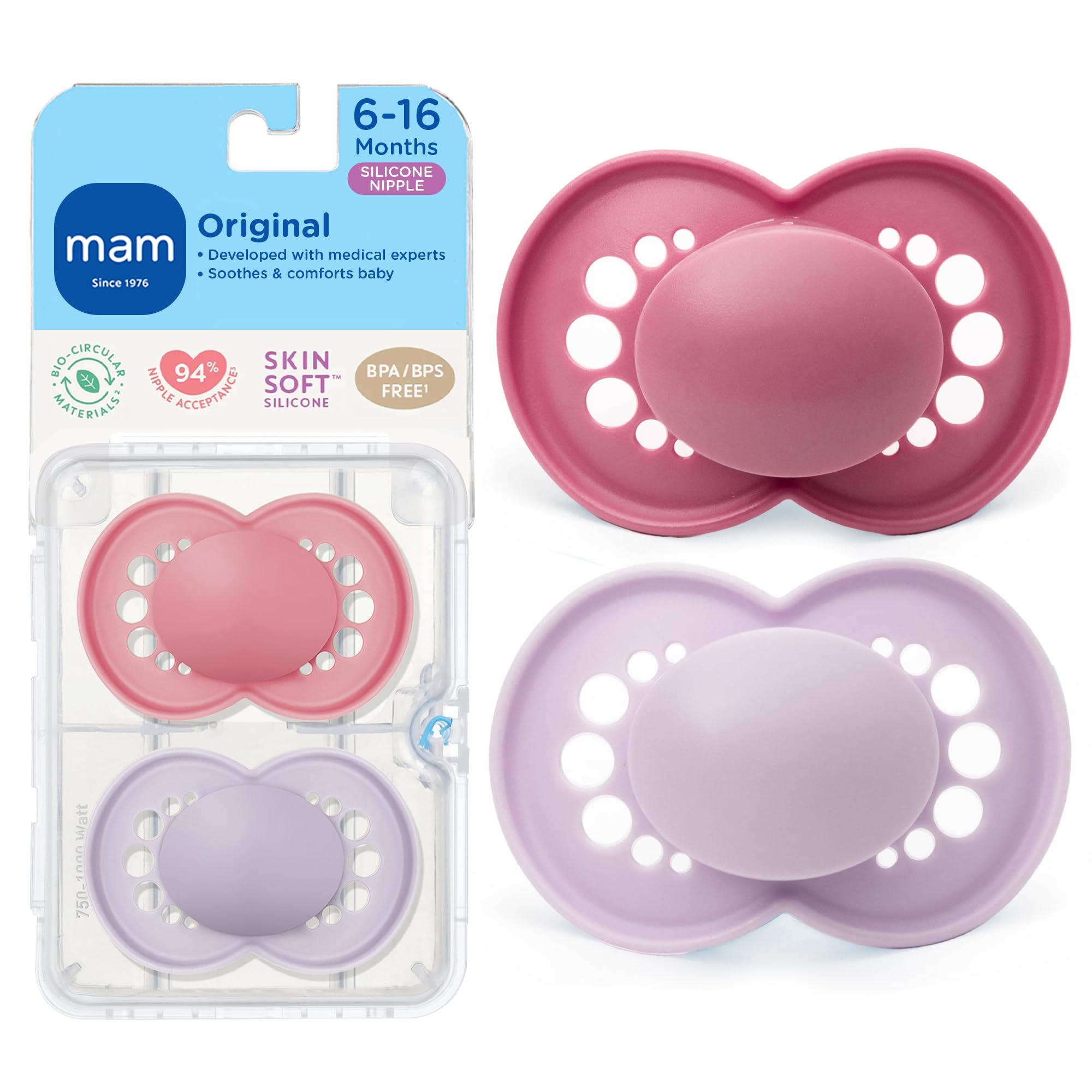 MAM Original Matte Baby Pacifier, Nipple Shape Helps Promote Healthy Oral Development, Sterilizer Case, Girl,6-16 Months(Pack of 2)