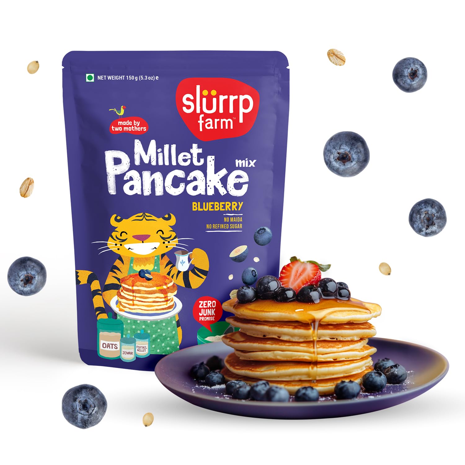 Slurrp Farm Pancake Mix With Real Blueberries- 150g | Instant Breakfast Mix made with Oats and Jowar | 100% Vegetarian Eggless Healthy Breakfast for Kids & Adults | No White Flour