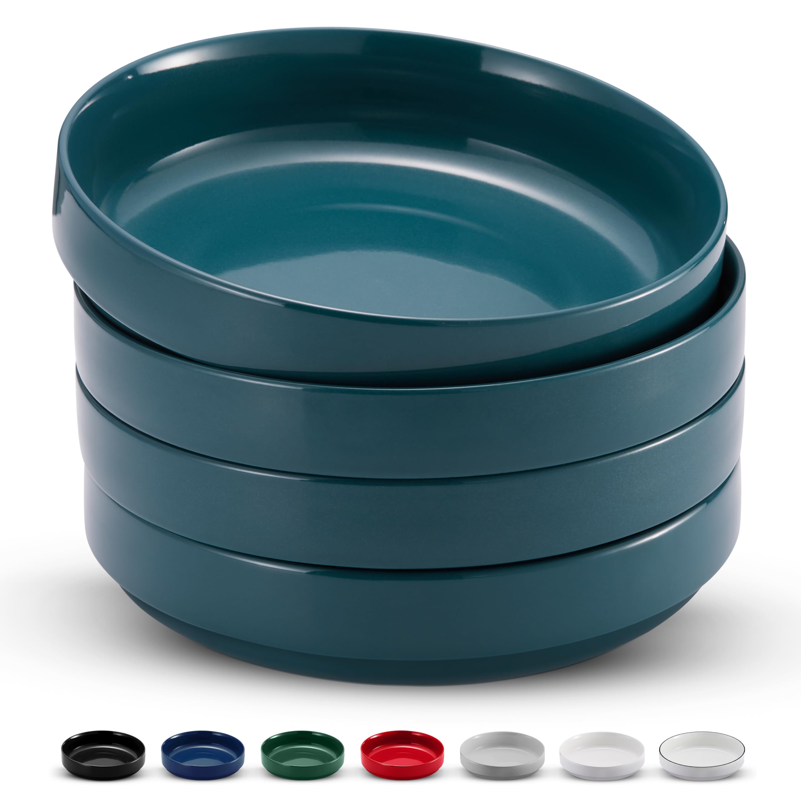 KooK Pasta Bowl, Bowl Plate, Low Bowl, Plate Bowls, Ceramic Large Shallow Bowls, Microwave and Dishwasher Safe, Great for Soups and Salads, Glossy Porcelain, 47 oz, Set of 4, Teal