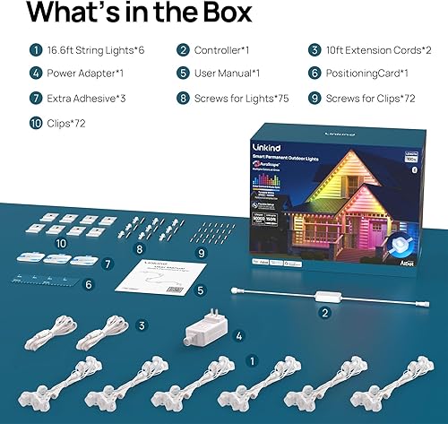 Miniatura 9 de Linkind Luces permanentes para exteriores, 100 pies con 72 LED triples, iluminación AI, RGBTW inteligente para luces de Halloween al aire libre,