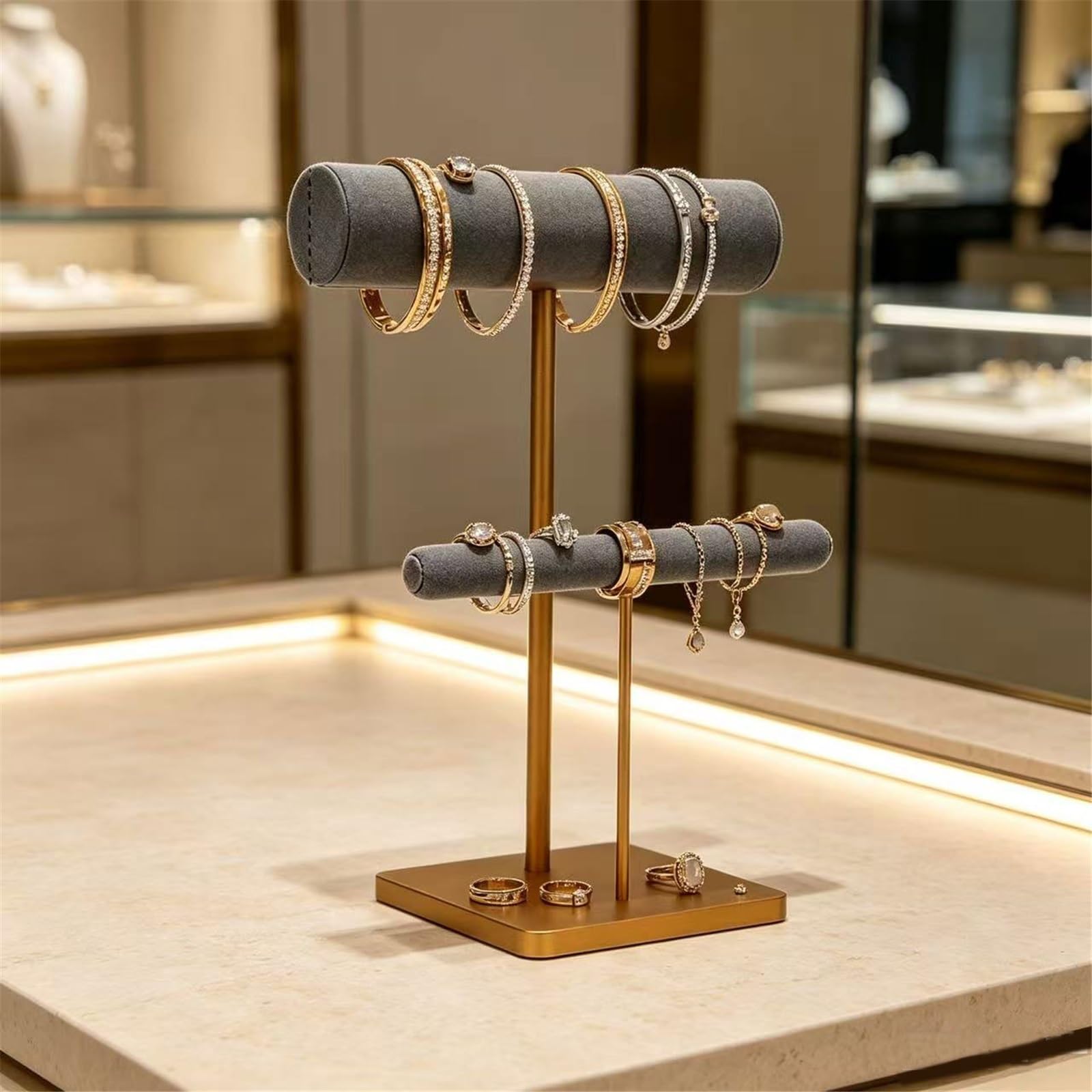 Porte-bijoux 2-Tier Metal Microfiber Bracelet Ring Display Stand