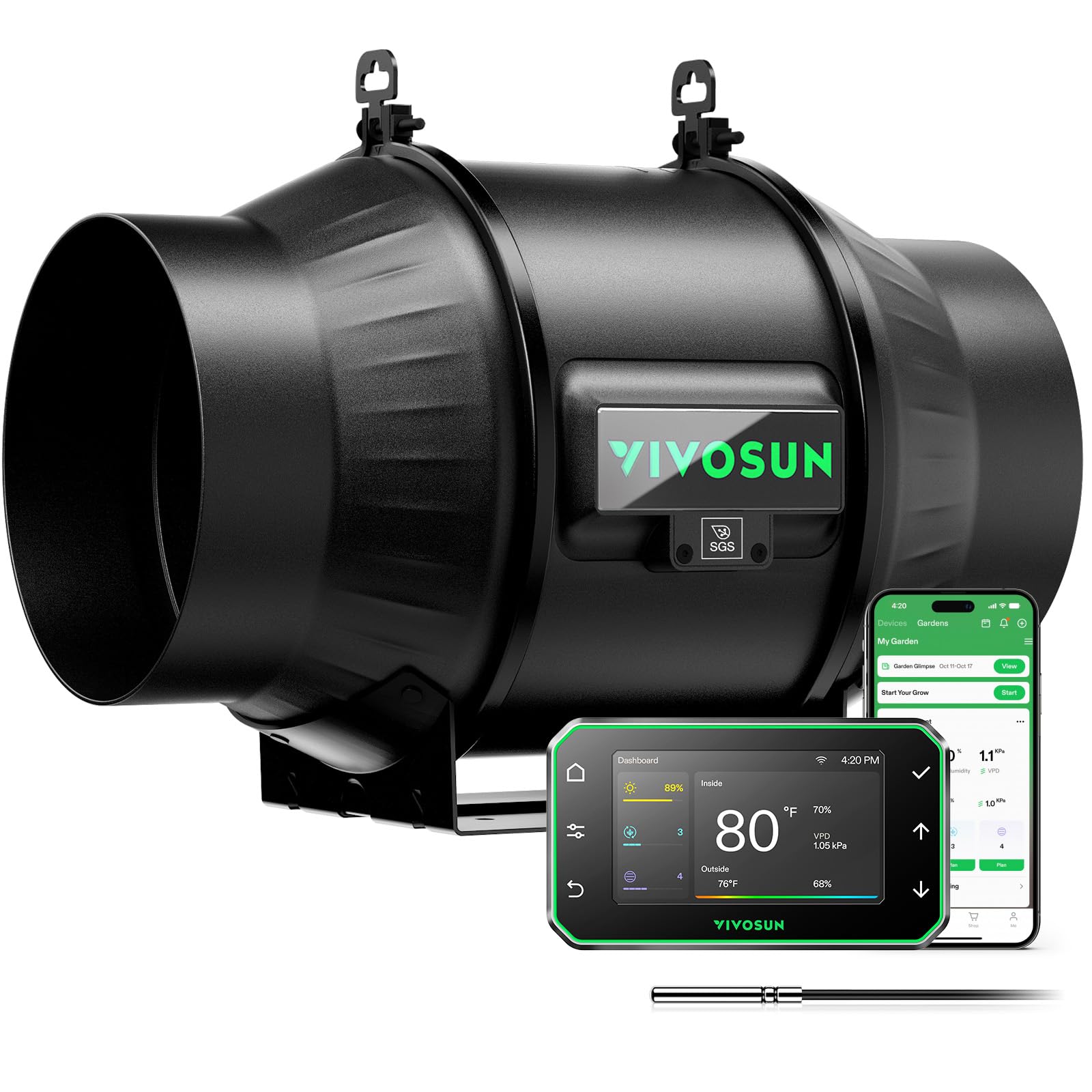 AeroZesh T6 Inline Duct Fan, Quiet 6" 408 CFM Ventilation Exhaust Fan w/EC Motor and GrowHub E42A Temperature Humidity WiFi-Controller