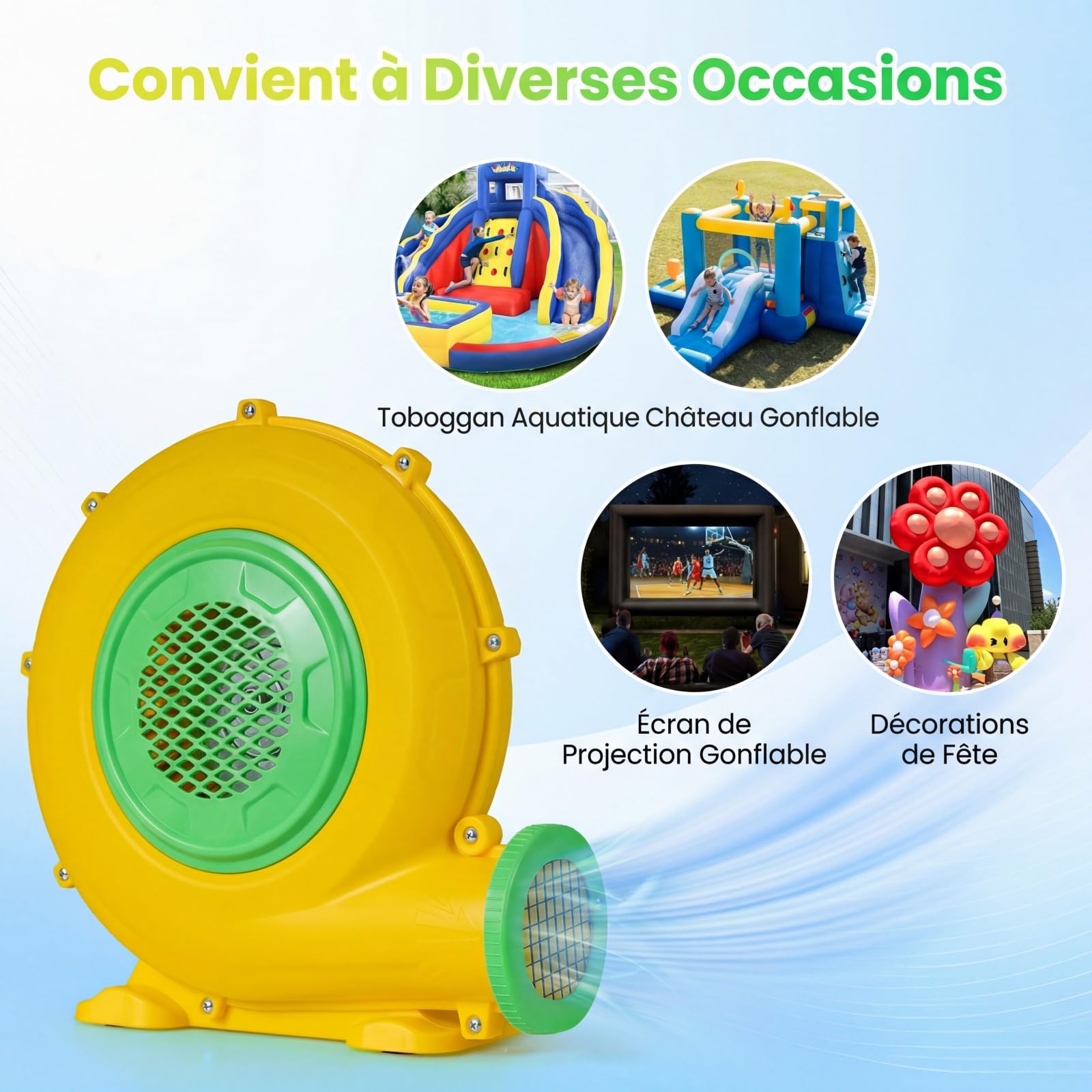 COSTWAY Gonfleur Électrique 350/450/550/680/750/850/950W avec Poignée Pratique & Piquets de Sol, Pompe à Air Électrique avec Cordon & Couvercle en Maille, Souffleur d'air pour Château Gonflable