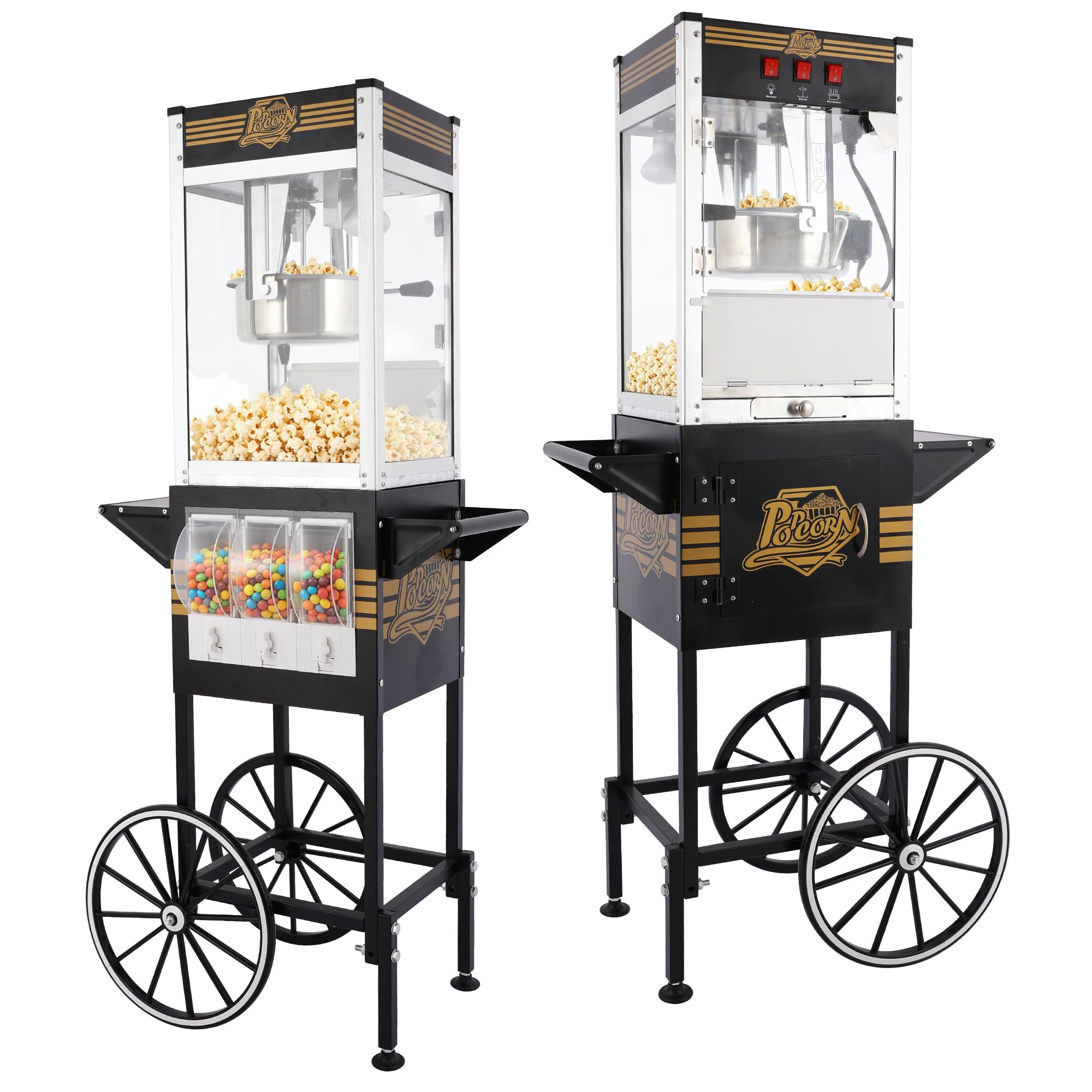 Montary 12 Oz Commercial Popcorn Machine with Cart, Vintage Style Popcorn Maker Equipped with 3 Candy Storage Boxes, Heated Deck &amp; Popcorn Scoops Storage, for Home Movie House and Carnival,Black
