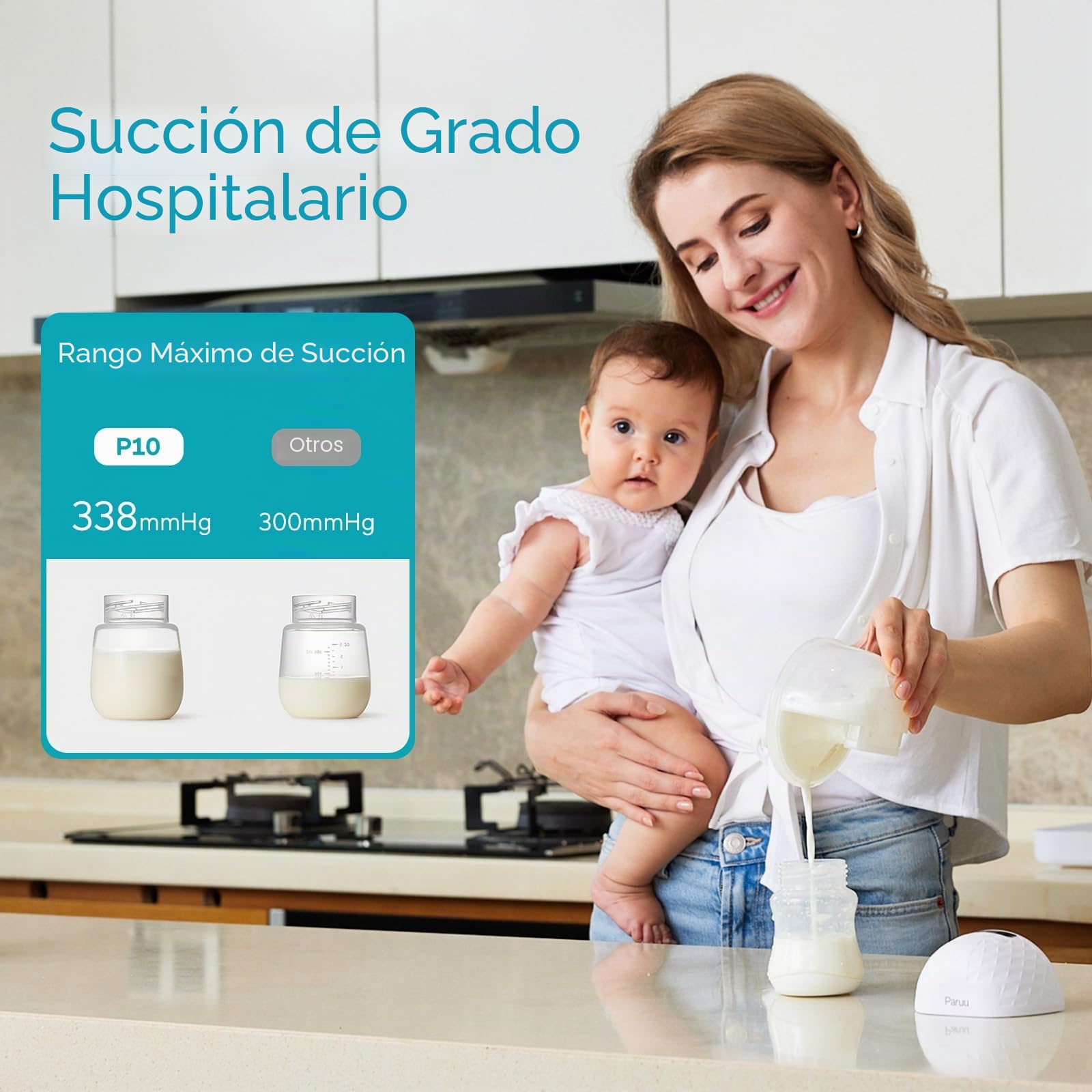 Paruu Extractor de leche P10 manos libres portátil, succión fuerte de 338 mmHg, bajo ruido, 4 modos y 9 niveles, extractor de leche eléctrico portátil, pantalla inteligente, inserto/brida de