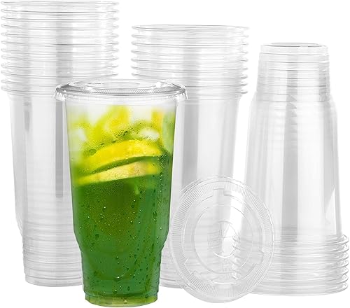 Paquete de 30 vasos de plástico transparente de 32 onzas, vasos transparentes desechables de gran tamaño, popote de cubierta plana enchufable para
