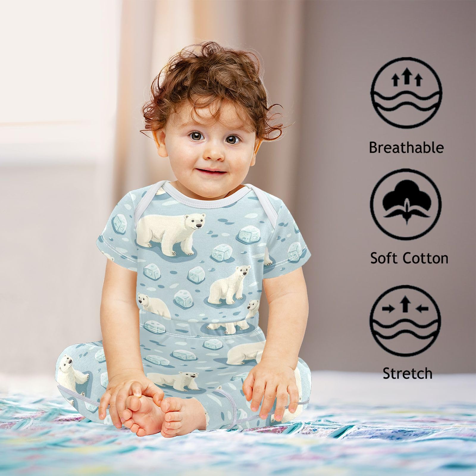 vvfelixl Unisex Short Sleeve Baby Pants Sets,Cartoon White Polar Bear Baby Bodysuits Set,Babys Layette Sets Clothes for 18-24M