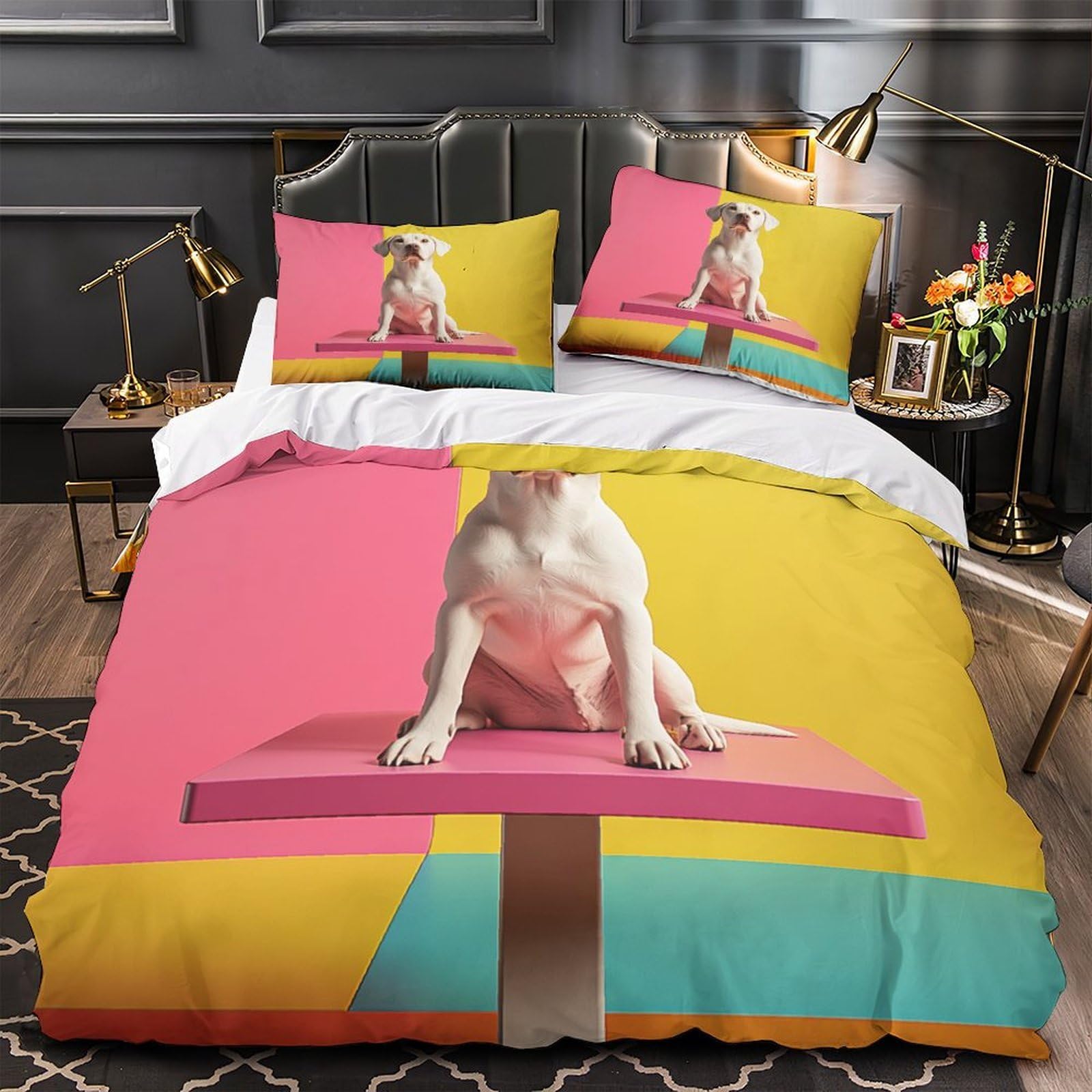 Housse de couette microfibre chien blanc 3D anti-allergie pour le lit King des enfants