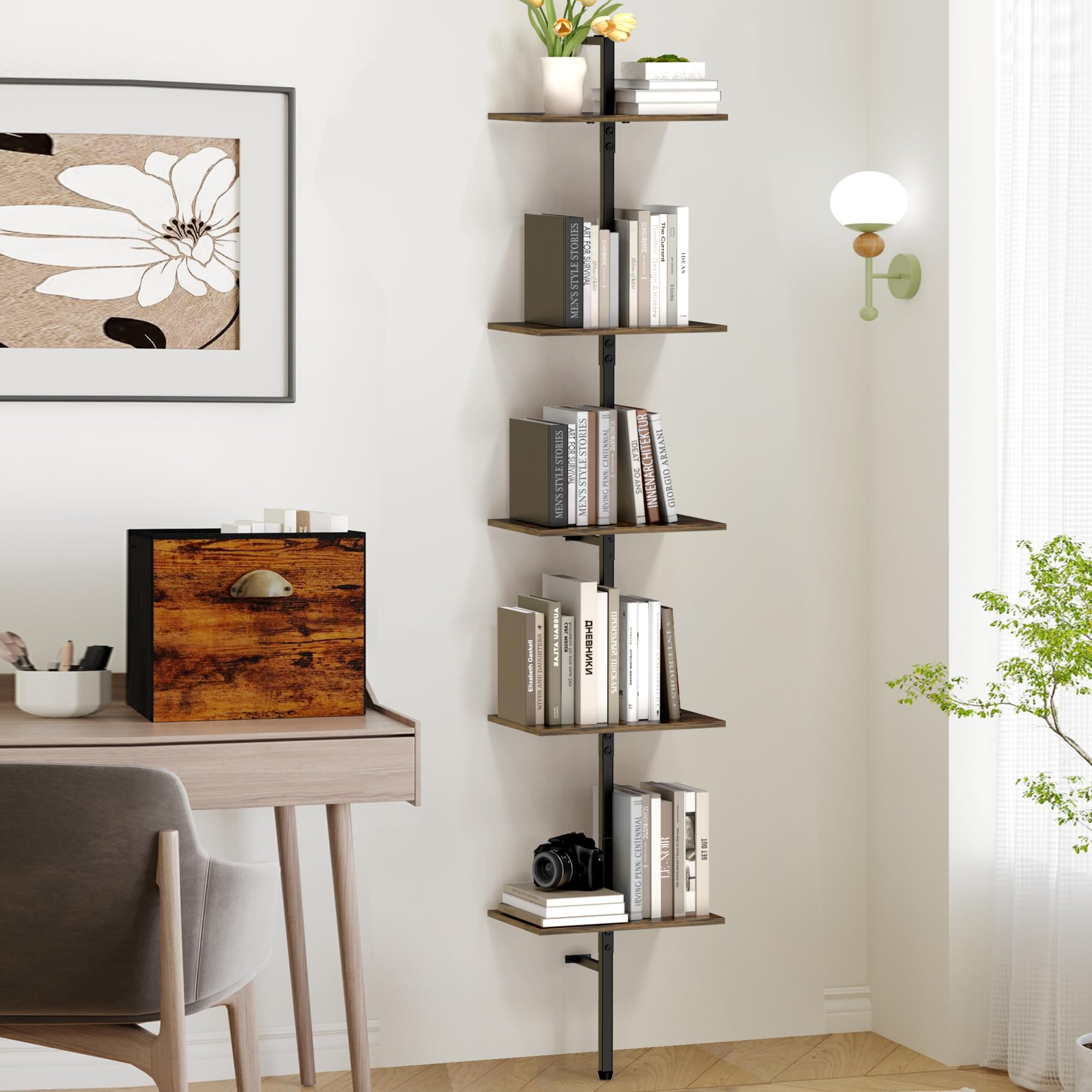 Scaffale a scala, libreria a 5 ripiani in legno a parete con struttura in metallo, organizer aperto vintage, scaffale a scala per soggiorno, camera da letto, ufficio domestico, marrone rustico