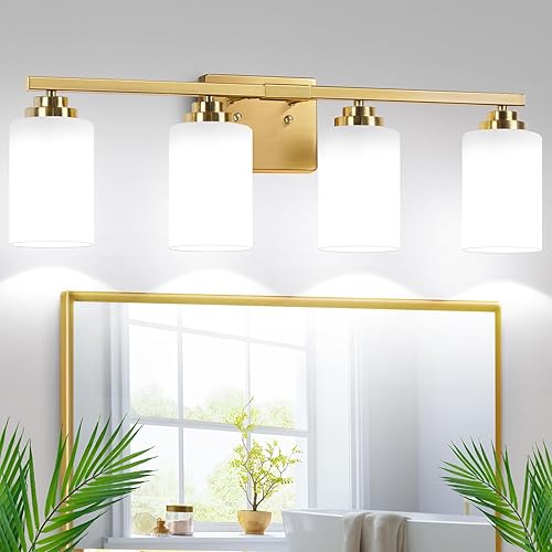 Miniatura 32 de Lámparas de baño de 3 luces, 19 pulgadas, modernas luces de tocador sobre espejo con pantallas de vidrio transparente, accesorio de luz dorada, Oro