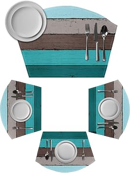 Aqua Grey Round Table Placemats Set of 6 Wedge Placemats, Vintage Stripe Farmhouse Wood Grain Ombre Place Mats for Dining Table Set Washable Mats Kitchen Decor for Indoor Outdoor Wipe Clean