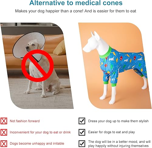 Miniatura 6 de LovinPet Great Dane Pj - Pijama para perros grandes, tela elástica ligera, estampado de dinosaurio azul, overol para perro, protección solar, camisa