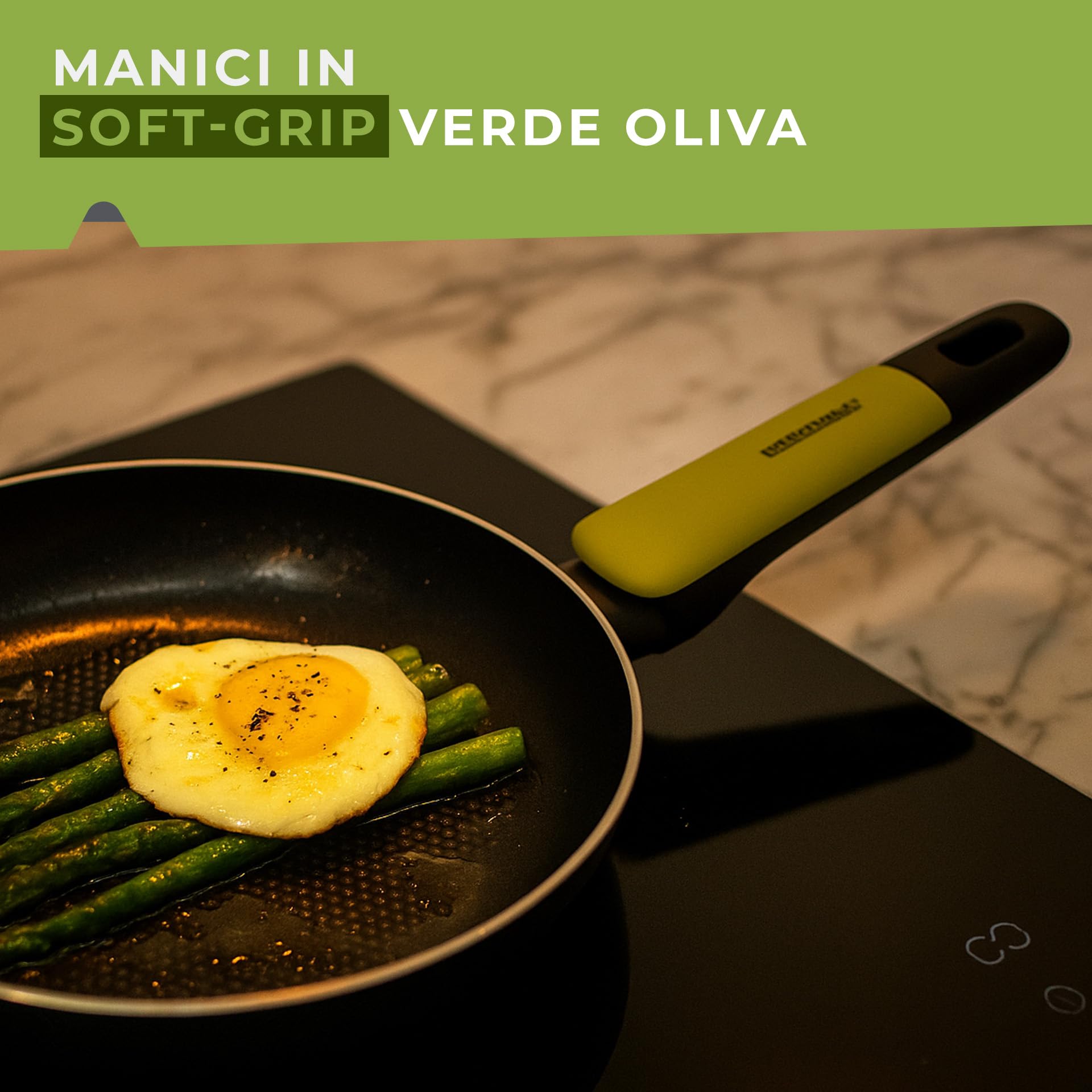 Fackelmann Set di Padelle Antiaderenti PFAS Free, Set Cucina con 3 Padelle Grandi e Medie e 1 Pentolino Casseruola per Salse, Fondo da 4 mm per Piani Cottura a Induzione e Gas, Linea Oliva