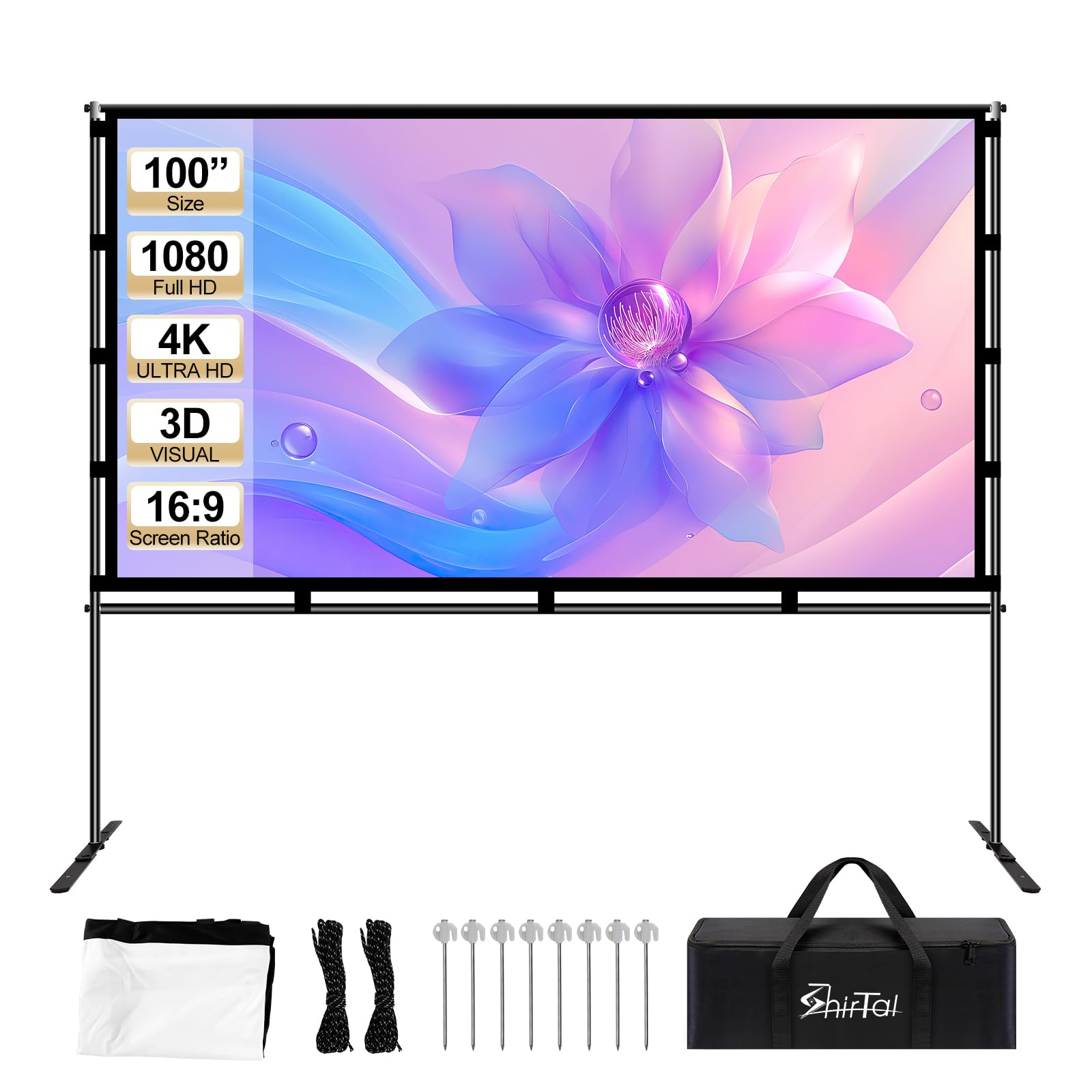 Pantalla de proyector de 100 pulgadas, pantalla de proyector portátil con soporte, pantalla de cine 4K HD 16:9, antiarrugas, para interiores y exteriores, con bolsa de transporte para camping
