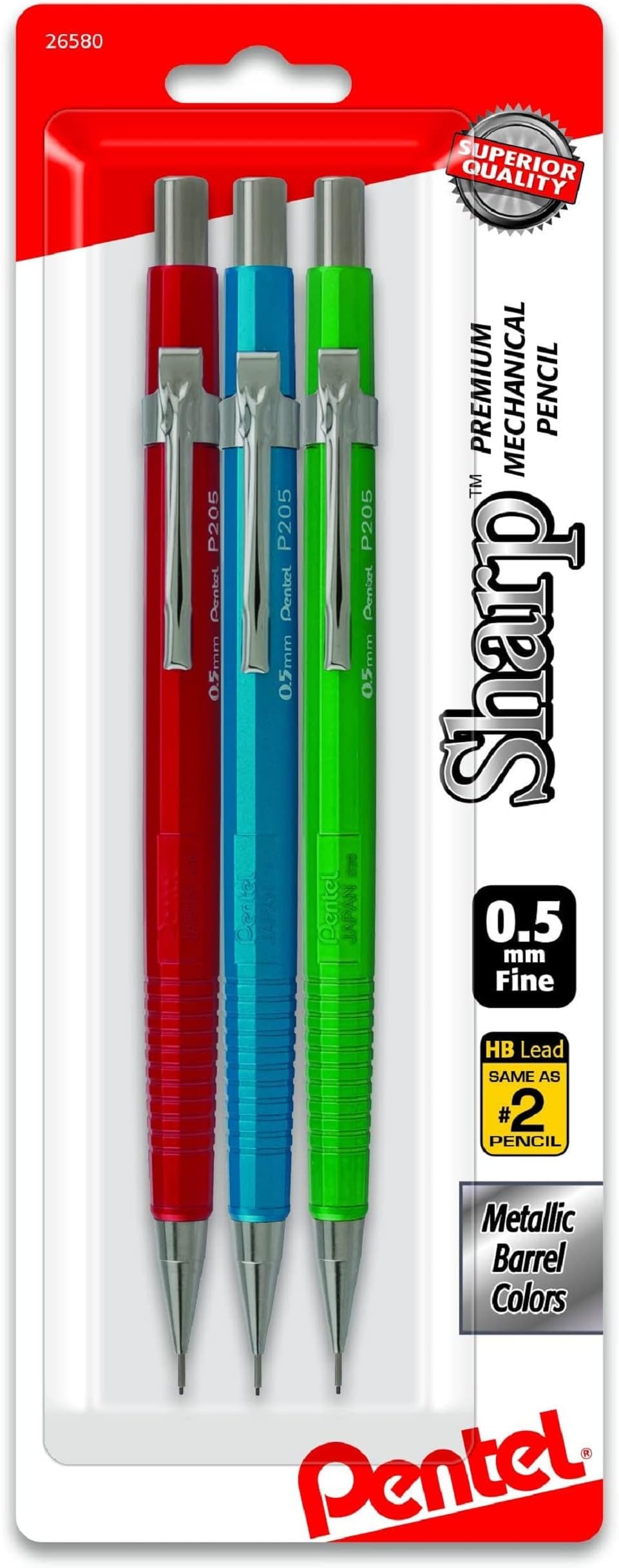 Sharp Mechanical Pencil, (0.5mm), Metallic Barrels, Assorted Colors (B/C/D), 3-Pk (P205MBP3M1)
