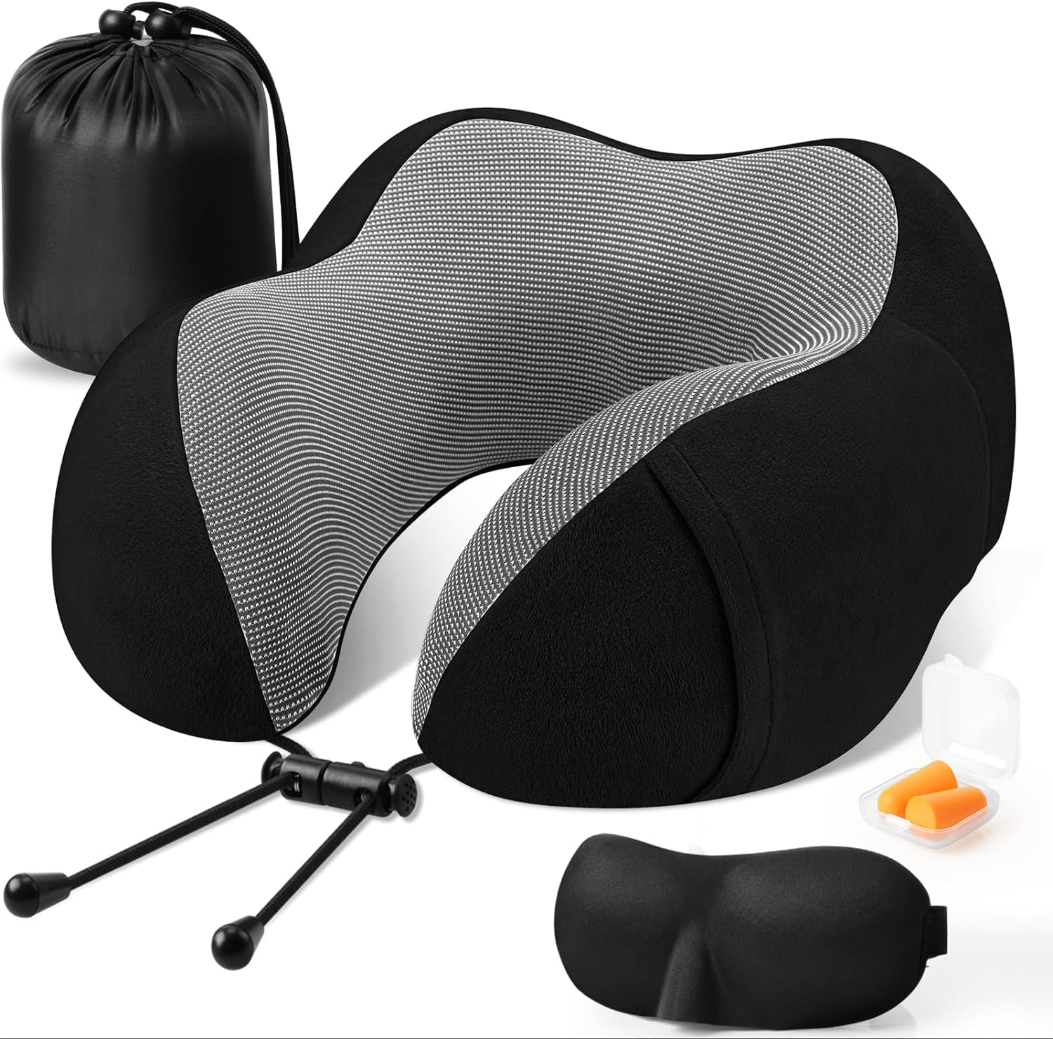 THMINS Black Travel Pillow,For Airplane,Neck Pillow for Travel,Neck Support Comfortable & Breathable Cover, Airplane Travel Kit with 3D Contoured Eye Masks