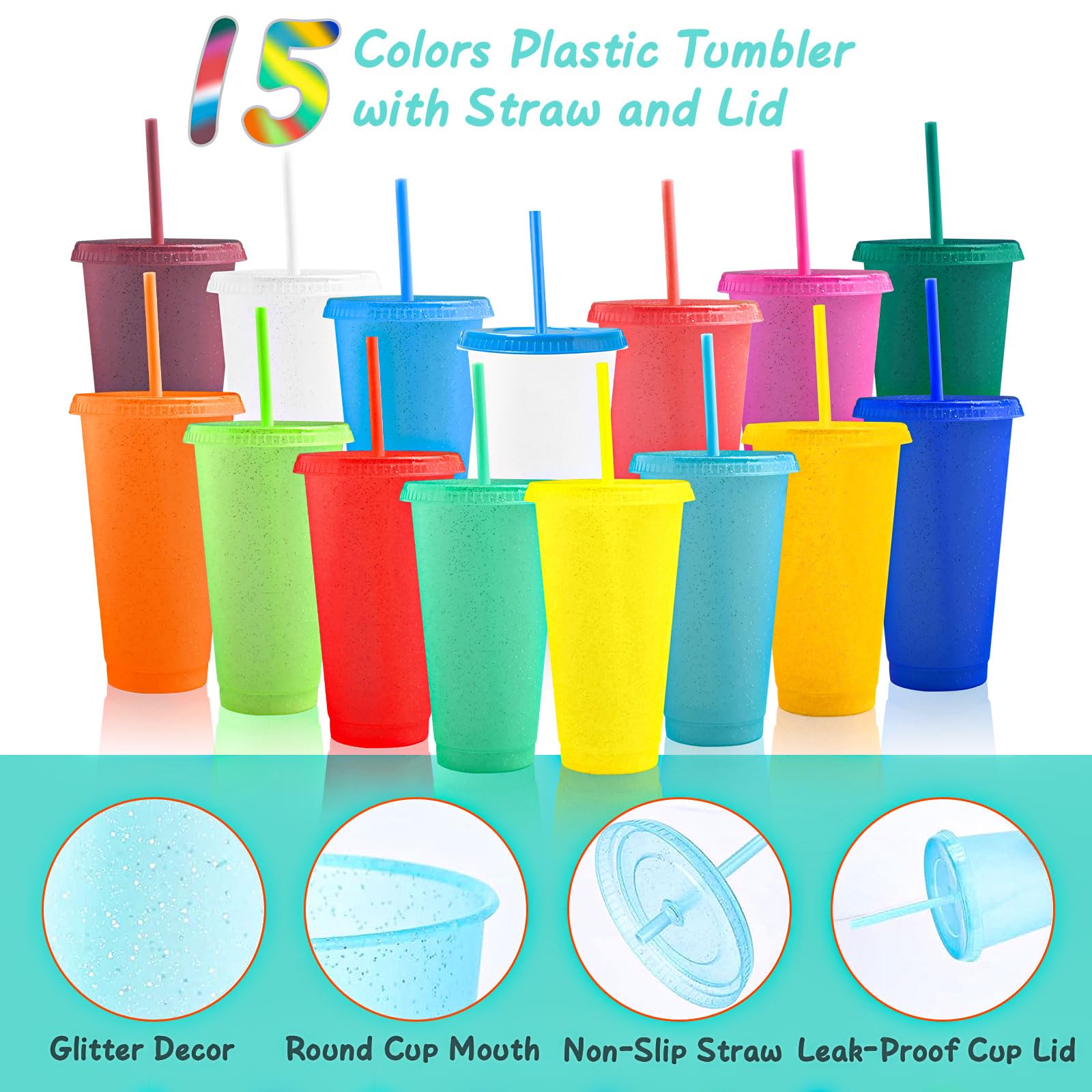 MSYU Confezione da 30 bicchieri in plastica glitterata da 680,4 g, con cannuccia e coperchio, bicchieri colorati per caffè freddo, riutilizzabili, da viaggio, per acqua, frullati, feste di compleanno