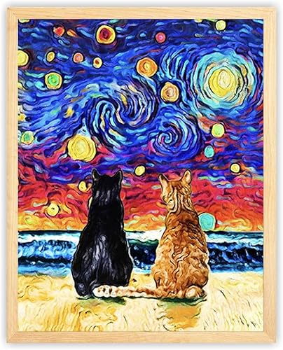 Bestbuddy Pet 8X10 sin marco noche estrellada estilo gato pareja animales amante familia paz amor pintura al óleo arte impresión póster decoración