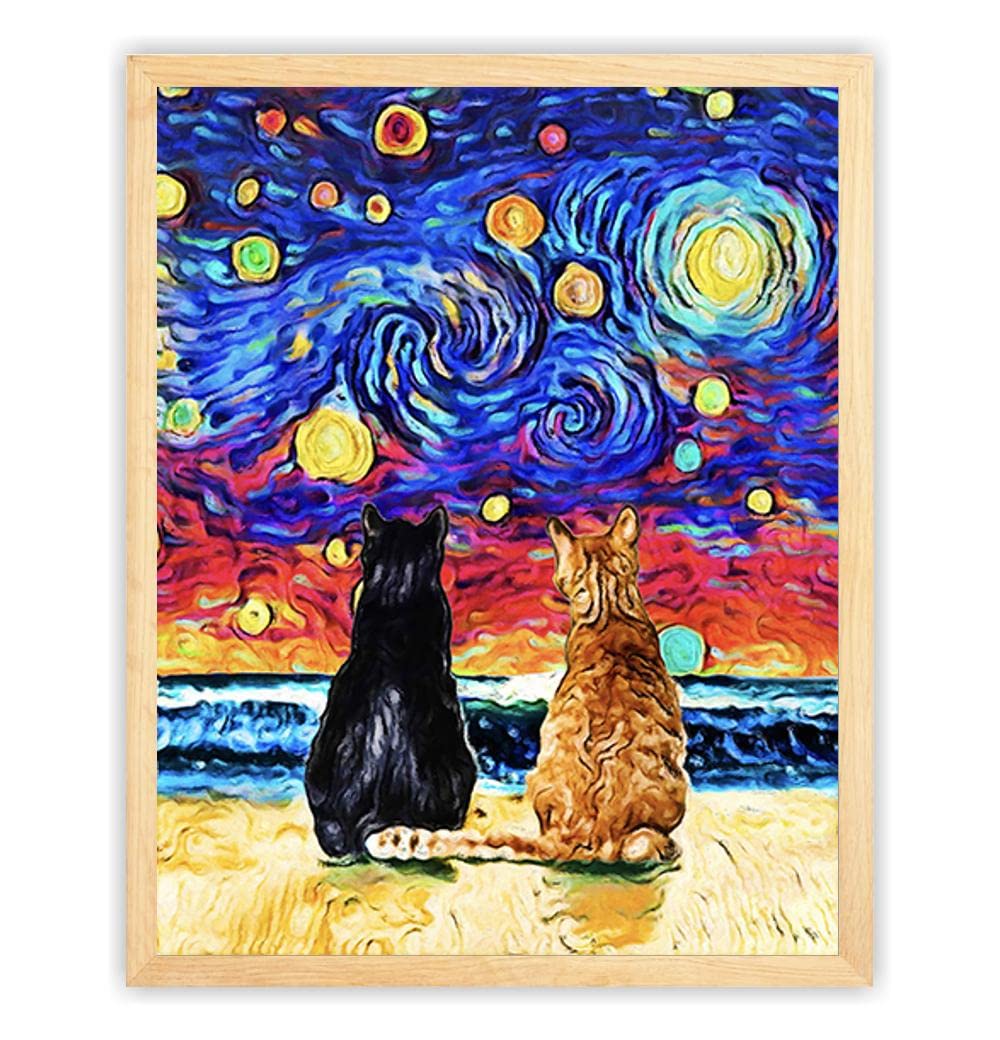 Bestbuddy Pet 8X10 Unframed Starry Night Styled Cat Couple Animals Lover Family Peace Love Oil Painting Art Print Poster Wall Decor AP052